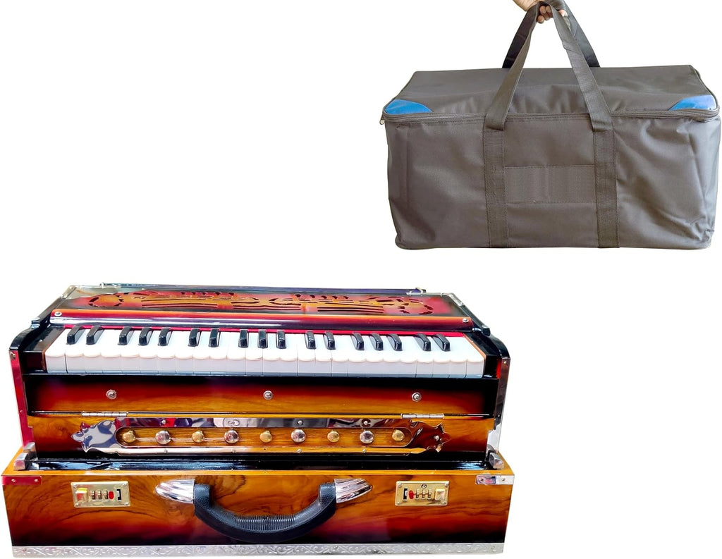 Harmonium, Maanvish Professional Harmonium Portable, Triple Reeds, 3 1/2 Octaves, 9 stops,4 Extra Notes, Padded Bag