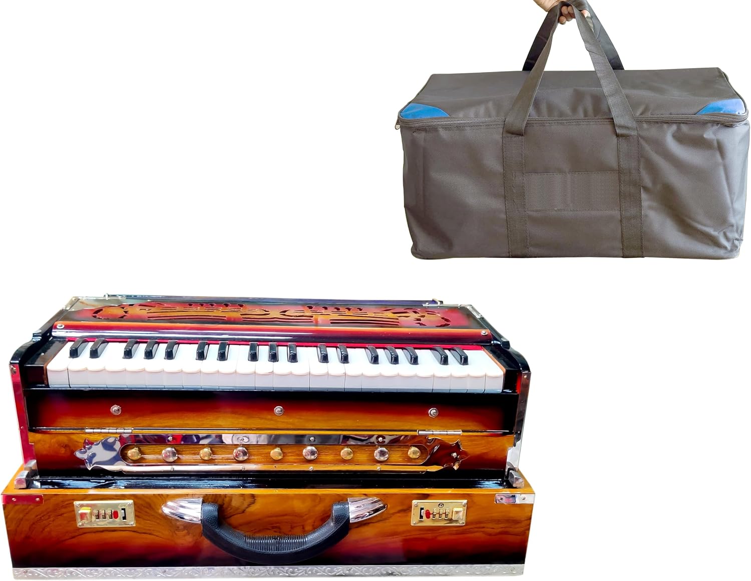 Harmonium, Maanvish Professional Harmonium Portable, Triple Reeds, 3 1/2 Octaves, 9 stops,4 Extra Notes, Padded Bag