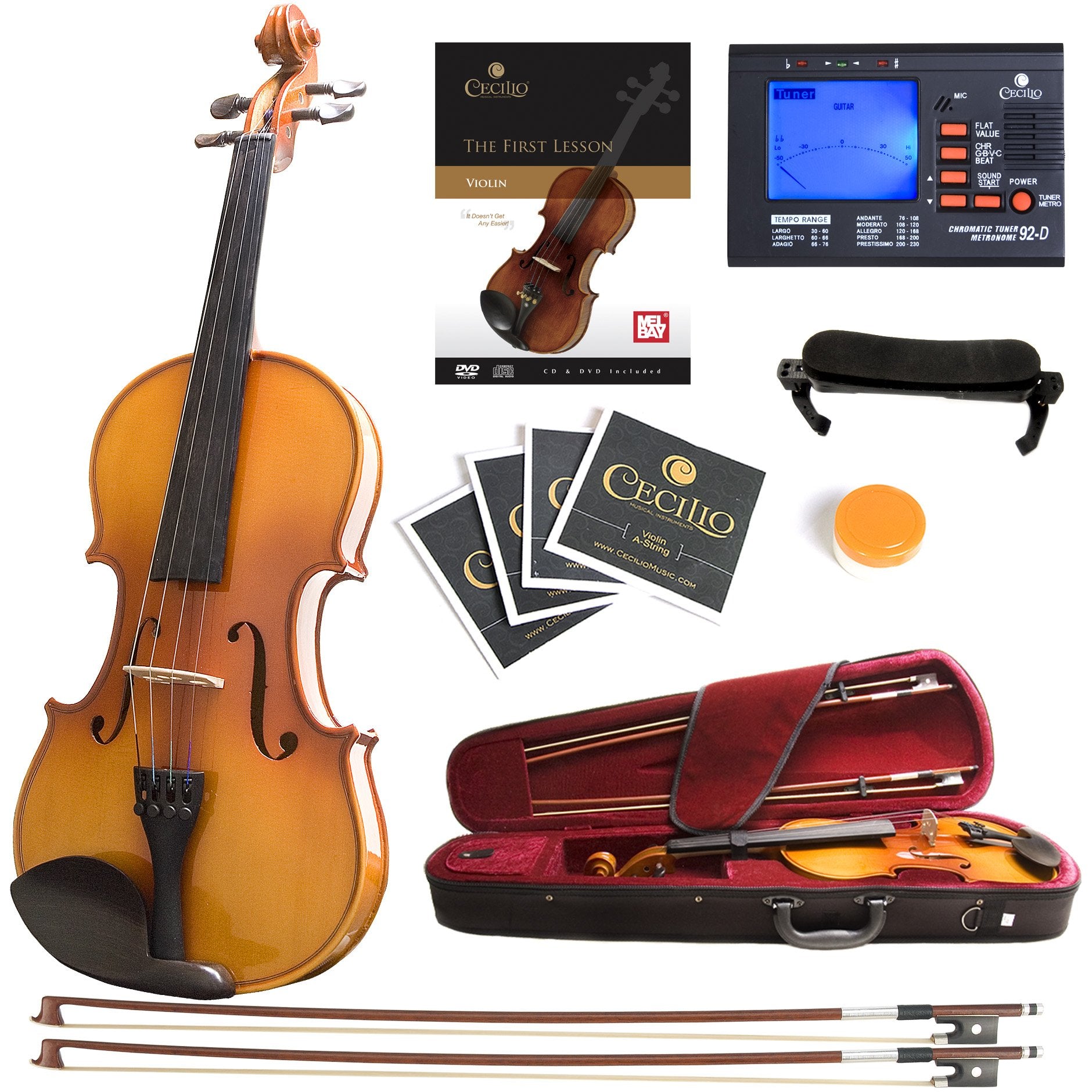 Mendini by Cecilio Violin 4/4 Full Size Set For Beginners - Hand Carved Acoustic Violins Set - Fiddle Solidwood Kit with Hard Case, Two Bows, Tuner, Rosin, Shoulder Rest, Extra Strings, Lesson Book
