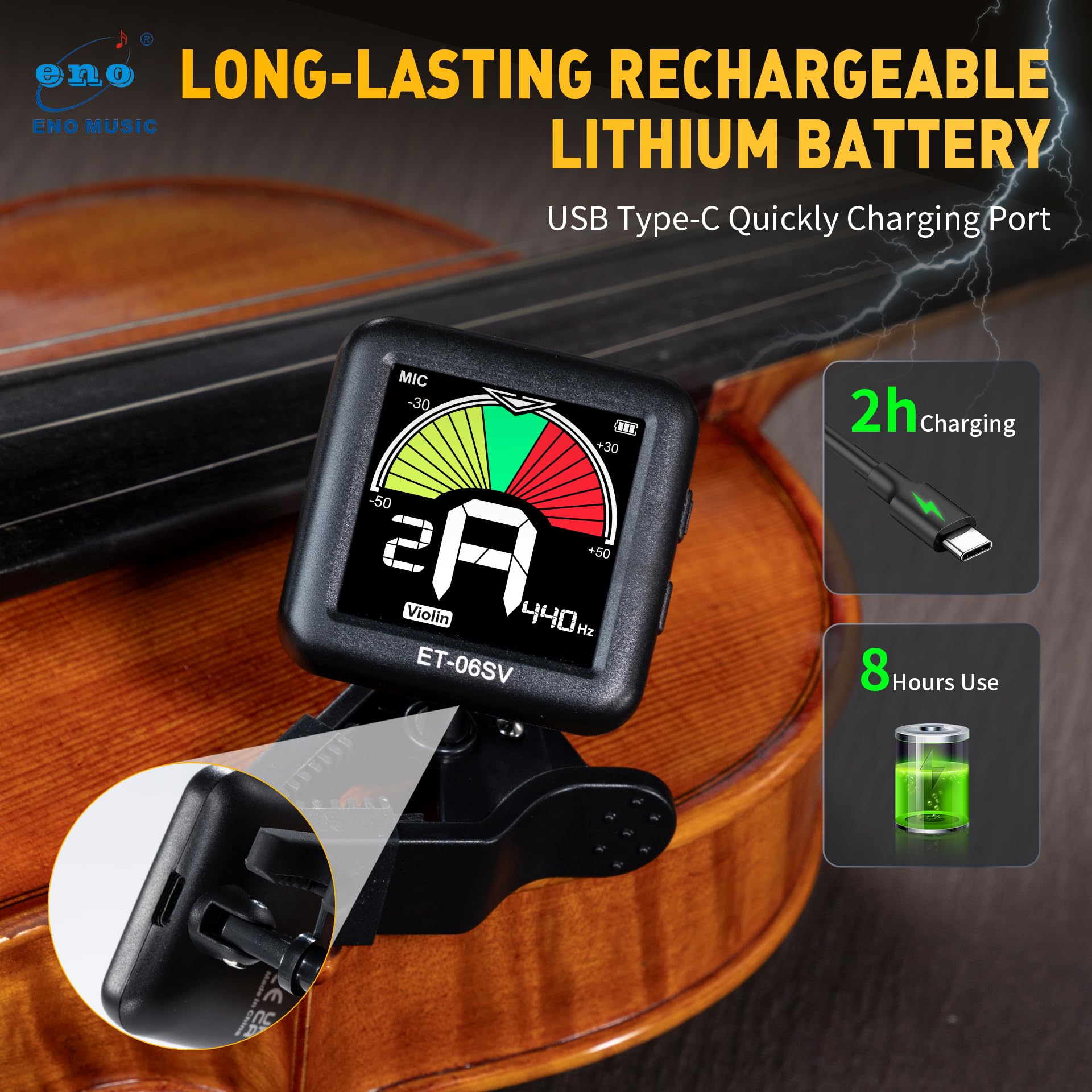 ENO MUSIC Rechargeable Type-C Quick Charge Easy Control Big LCD Display Easy Reading Clip-on Tuner for 4/4 Violin Viola Bass, Red