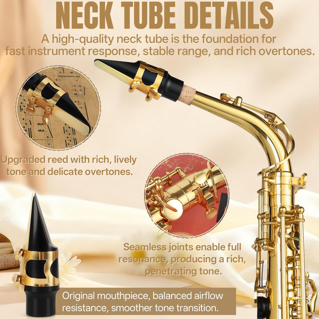 Kmise E Flat Alto Saxophone, Lightweight Saxophones for Students Beginner, Saxofon Full Kit with Portable Case, Sax Stand, Strap, Reeds, Beginner's Guides, Mute, Cleaning Kit (Gold Lacquer)