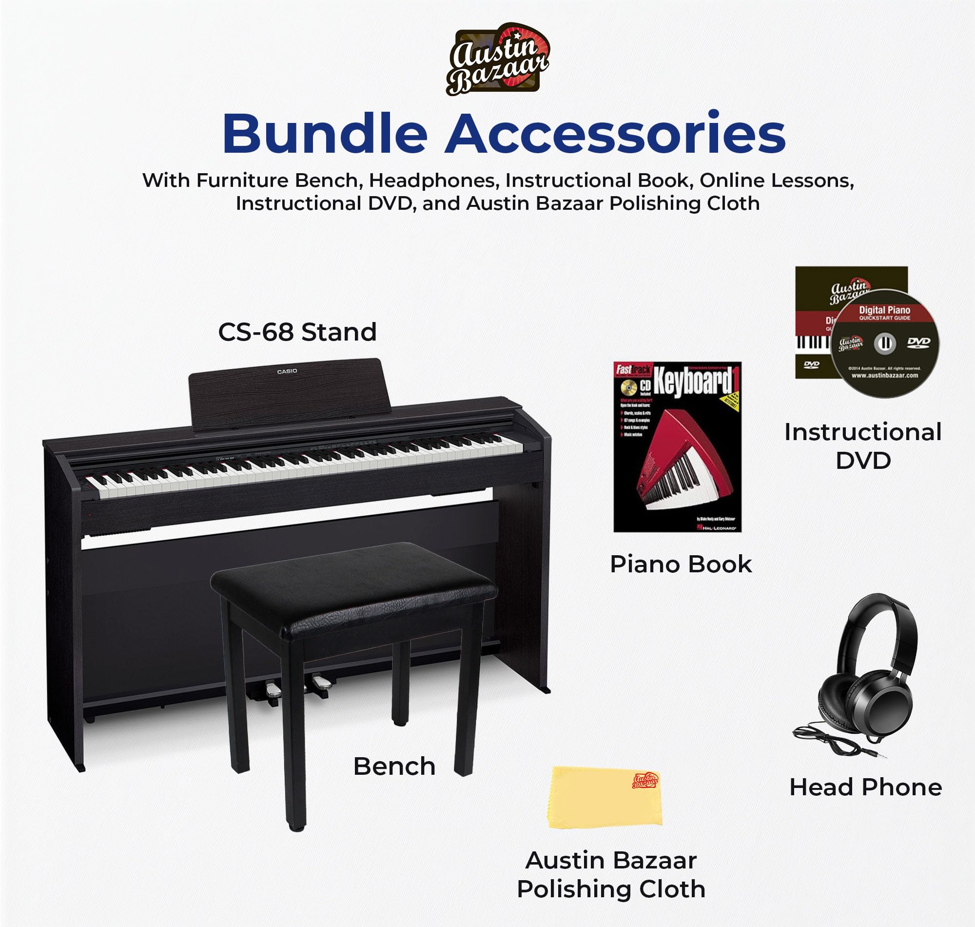 Casio PX-870 Privia Digital Piano - Black Bundle with Furniture Bench, Headphones, Instructional Book, Online Lessons, Instructional DVD, and Austin Bazaar Polishing Cloth
