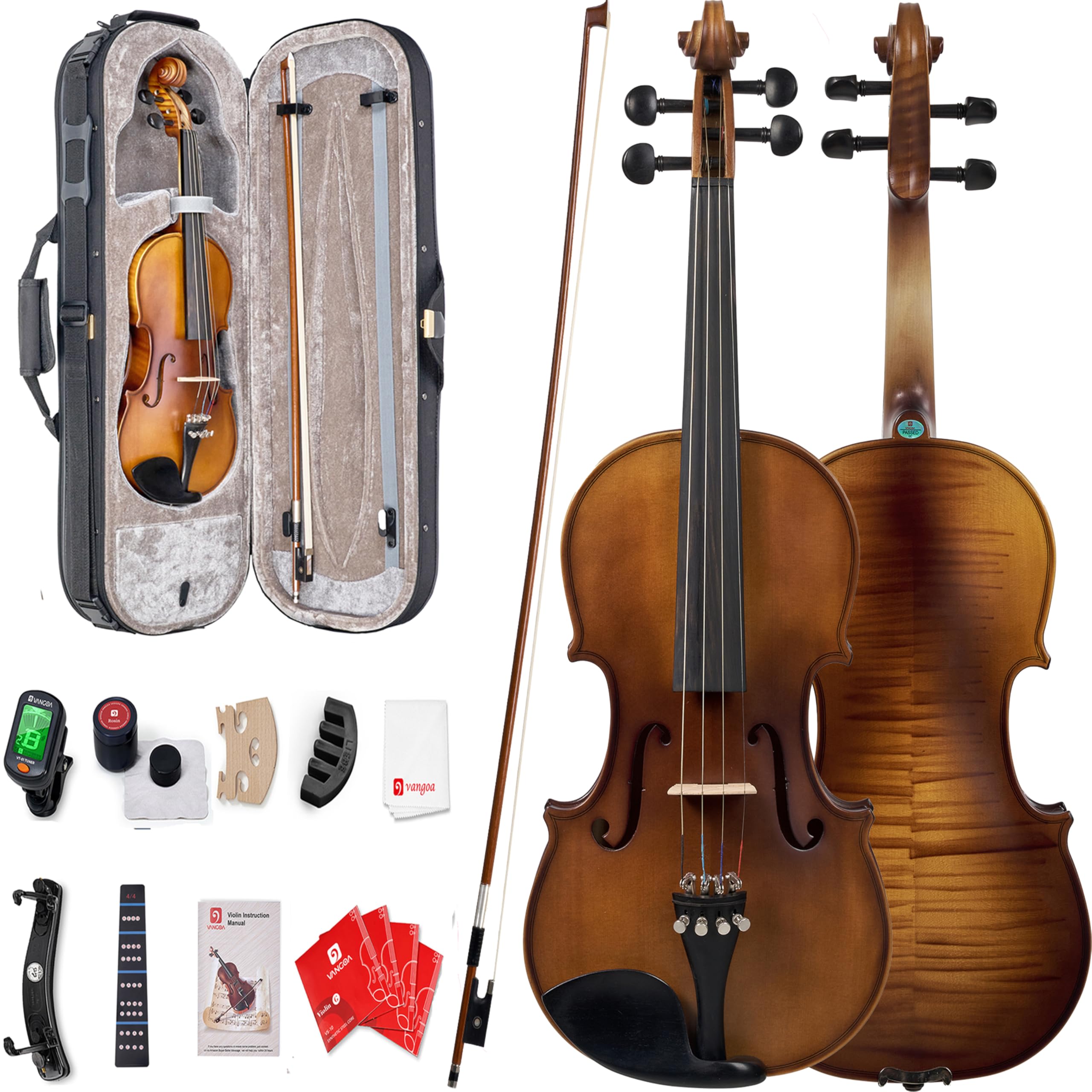 Vangoa Violin 4/4 Full Size Set, Varnish Fiddle Solid Wood for Professional Adults Senior Intermediate Beginners Student Starter Acoustic Violins Kit Outfit with Ebony Fitted, Hard Case, Right Handed