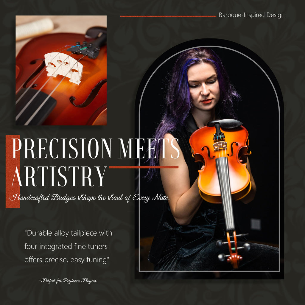 AKLOT Handcrafted Full Size Violin: Solid Wood Matte Fiddle, Acoustic Beginner 4/4 Violin Kit with Hard Case, Lesson Book, Bow, Shoulder Rest, Extra Strings, Tuner, Fretboard Stickers (VRT-AmiCS)