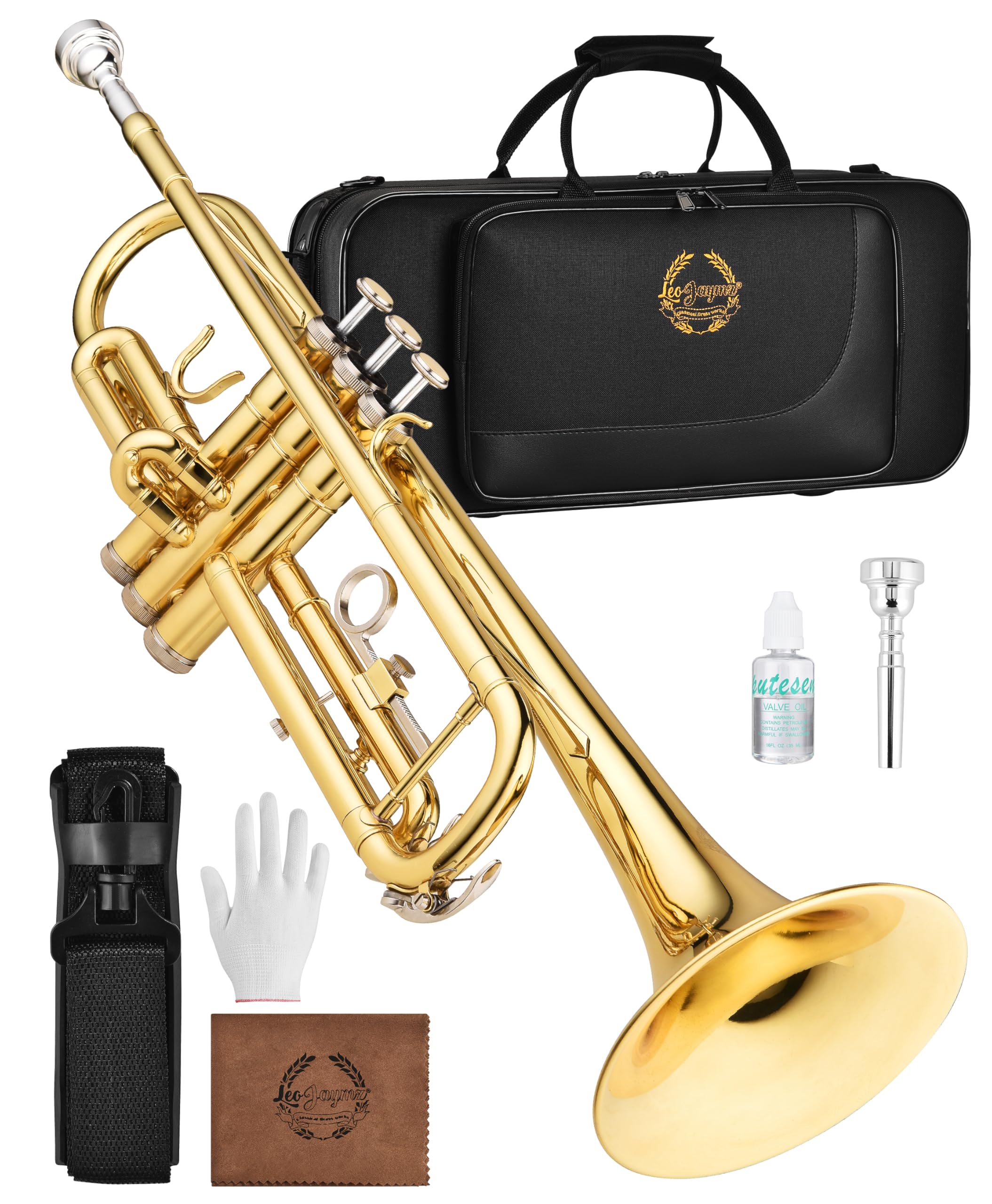 Leo Jaymz Bb Trumpet for Beginners, Brass Student Trumpet Kit with Case, 7C Mouthpiece, Cleaning Kit, Standard B Flat Instrument,Nickel
