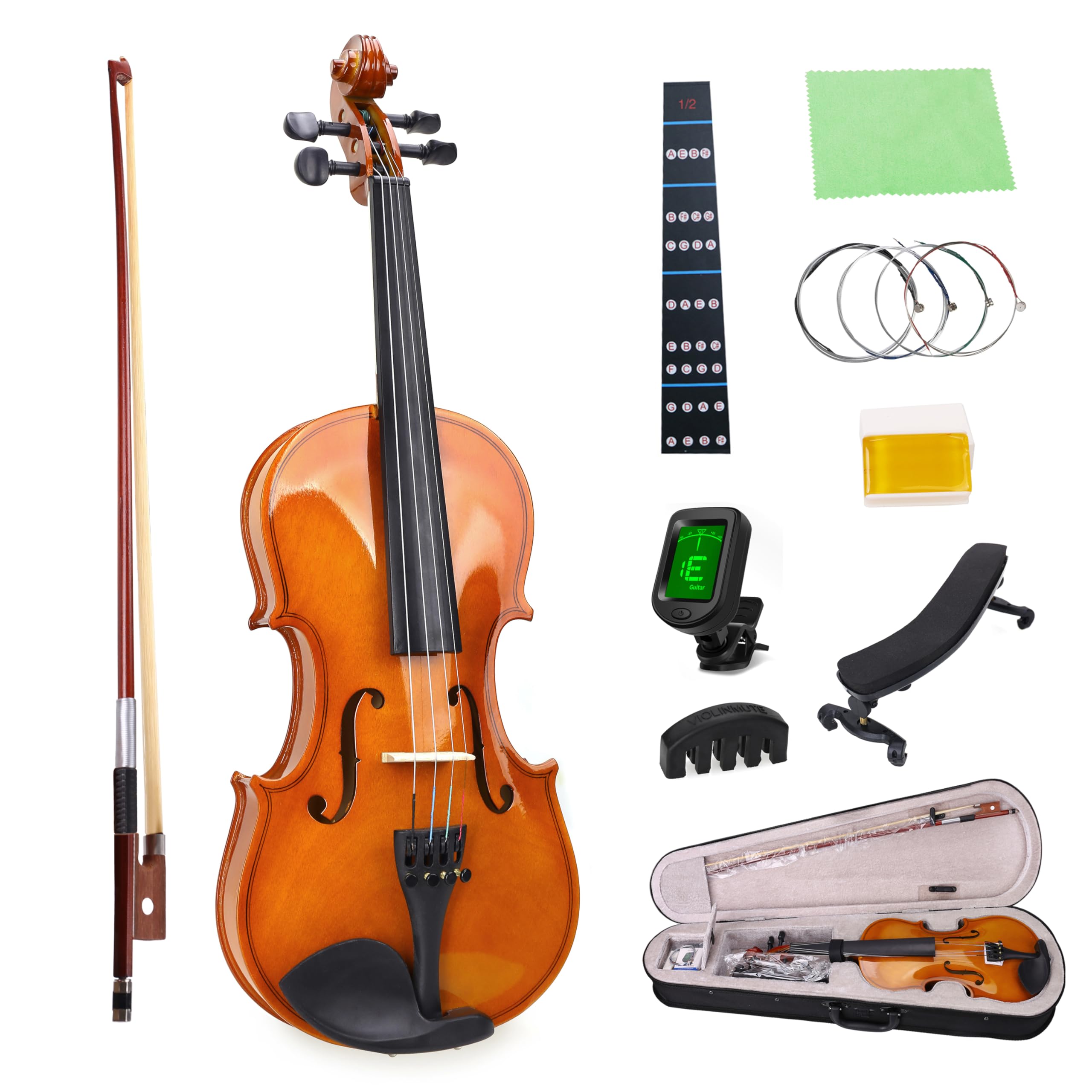 NANYI Size 1/2 beginner first violin Set for Kids, Solid Wood Acoustic Fiddle Kit with Hard Case, Bow, Rosin, Shoulder Rest, Tuner and Extra Strings