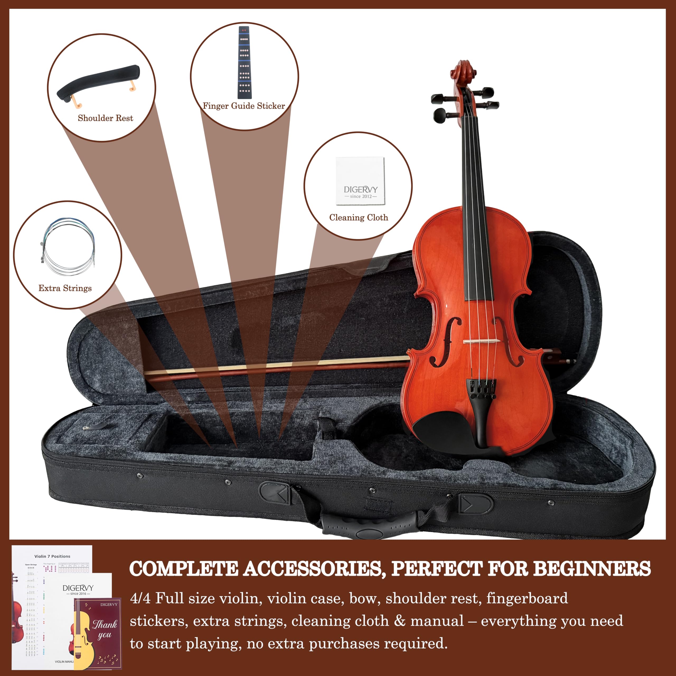 Violin 4/4 Full Size Kit for Beginners, Glossy Violin Fiddle Set for Adults, Students with Violin Case, Bow, Rosin, Fingerboard Sticker, Shoulder Rest, Extra Strings and Bridge(Plywood, Full)