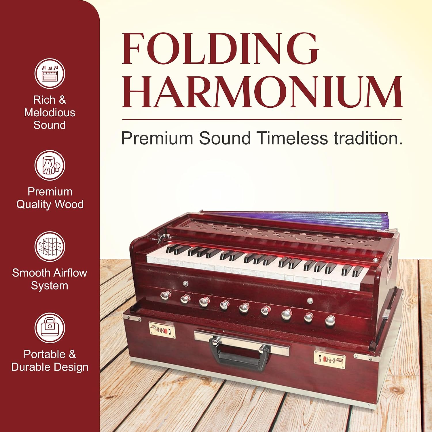Harmonium 9 Stopper(Portable), Chudidaar 7 Bellow, 42 Key, Two Reed(Bass-Male), 3 1/2 Octave,Coupler, Harmonium With Cover (Mahogany Color)