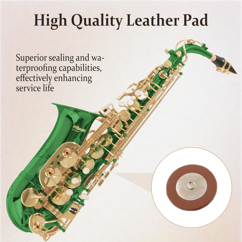 Mendini By Cecilio Alto Saxophone for Beginners, E Flat Alto Saxophone for Musicians with Tuner, Mouthpiece, Case, 10 Reeds, Grease, Cleaning Cloth & Rod, Gloves, Strap, Lesson Book (Green)