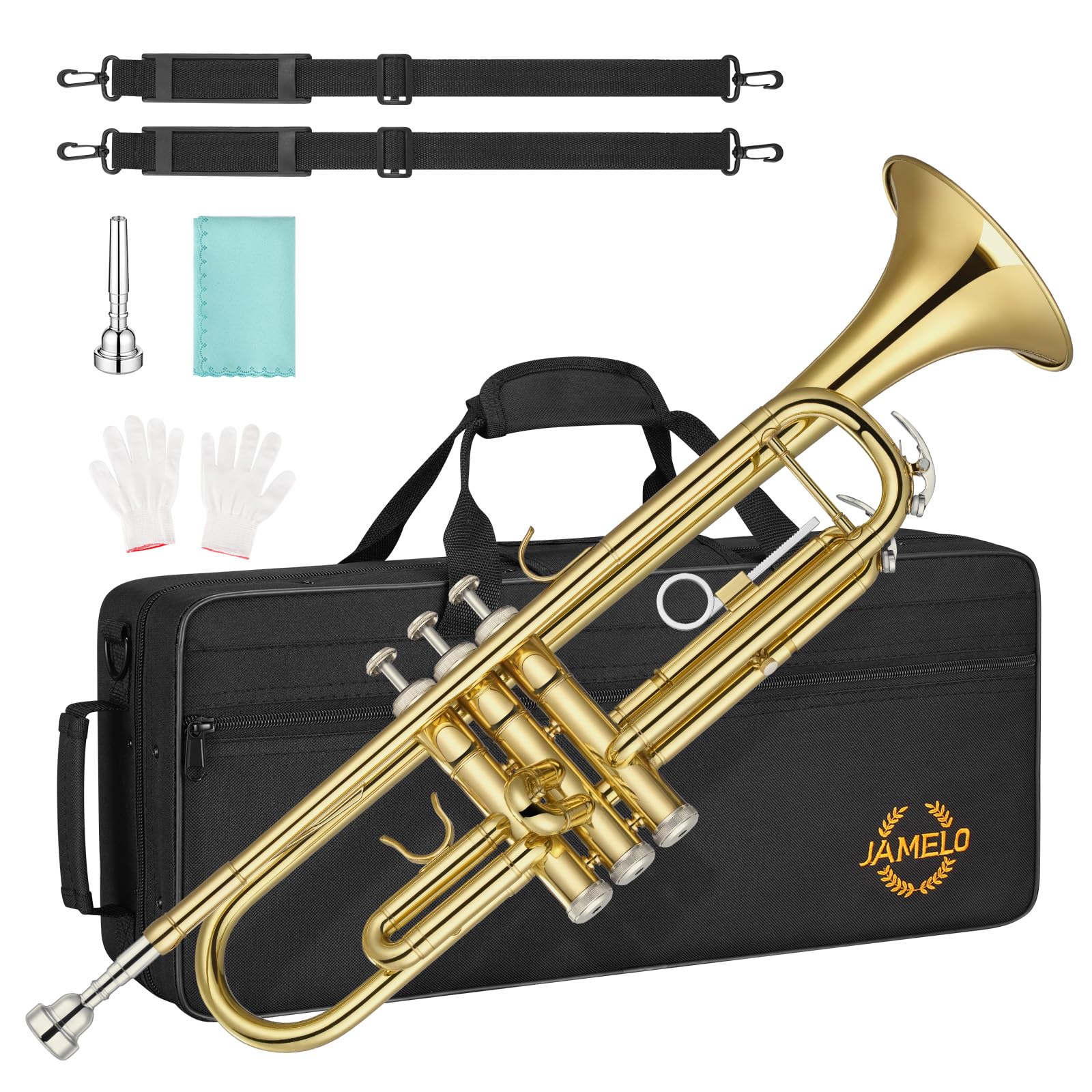 JAMELO Bb Standard Trumpet Set, Brass Trumpet Instrument for Student/Beginner with Carrying Case, 7C Mouthpiece, Cleaning Cloth and Gloves (TP-100, Gold)