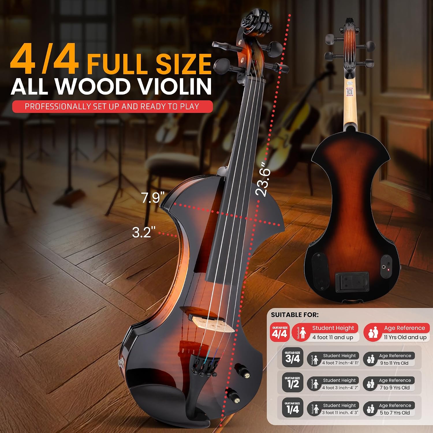Pyle 4/4 Silent Electric Violin with Amplifier Kit, Solid Wood Fiddle with 10W Amp and Complete Accessories, Full Size Orchestral String Instrument For Beginner & Professional Use