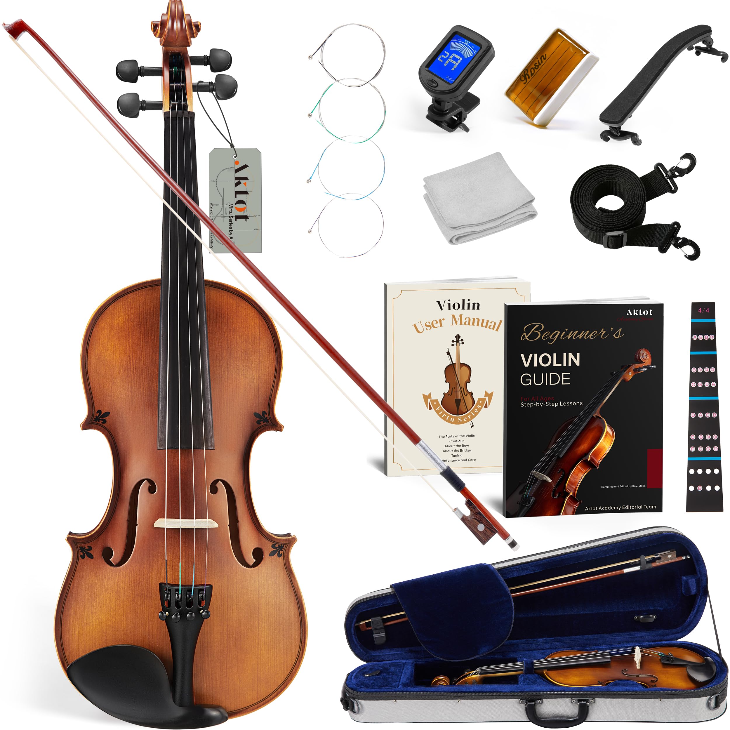 AKLOT Handcrafted Full Size Violin: Solid Wood Matte Fiddle, Acoustic Beginner 4/4 Violin Kit with Hard Case, Lesson Book, Bow, Shoulder Rest, Extra Strings, Tuner, Fretboard Stickers (VRT-AmiCS)