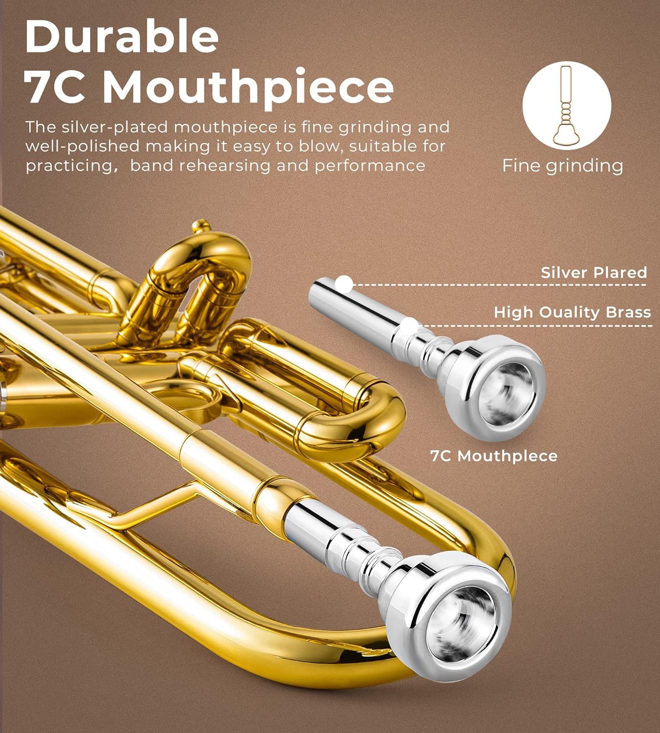 Vangoa Bb Trumpet Brass Standard Black Trumpet Instrument for Student School Band Orchestra Adult Kid Beginner with Hard Case, Stand, Cleaning Kit, White Gloves, Valve Oil and 7C Mouthpiece