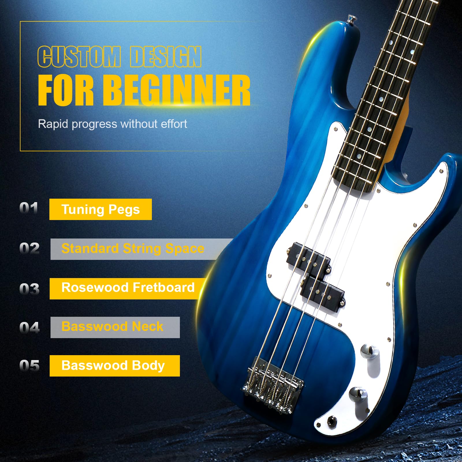 GLARRY Full Size Electric Bass Guitar Beginner Kit 4 String Exquisite Basswood Bass with 20W AMP, Cable, Strap, Bag and Accessories (Black, 39"Right Handed)