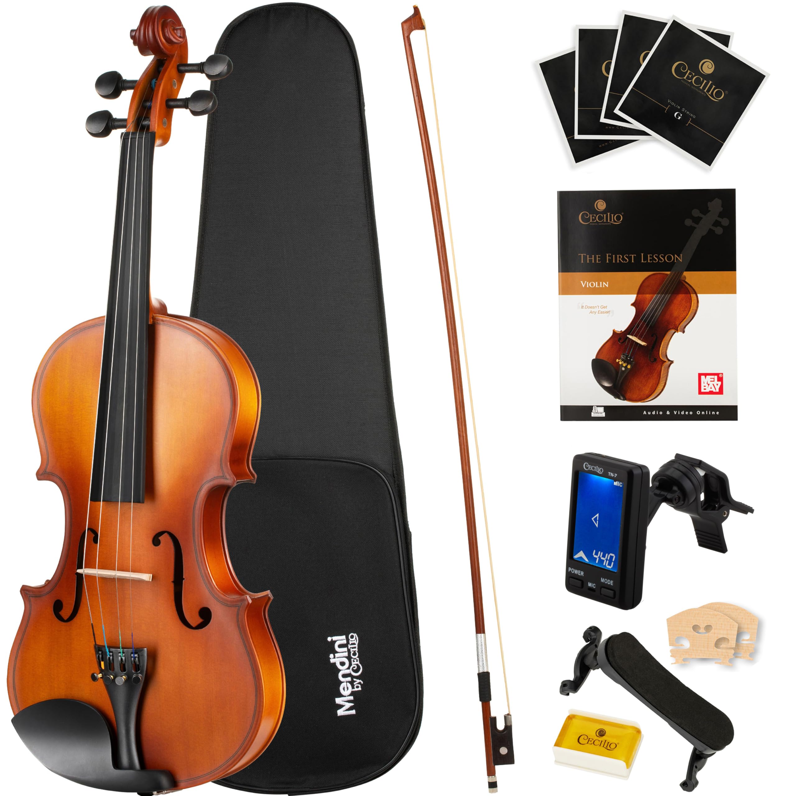 Mendini By Cecilio Violin 4/4 Full Size For Beginners - Fiddle Solidwood Kit with Hard Case - Acoustic Violins with Bow, Rosin, Tuner, Extra Strings & Bridge, Shoulder Rest and Lesson Book (Varnish)