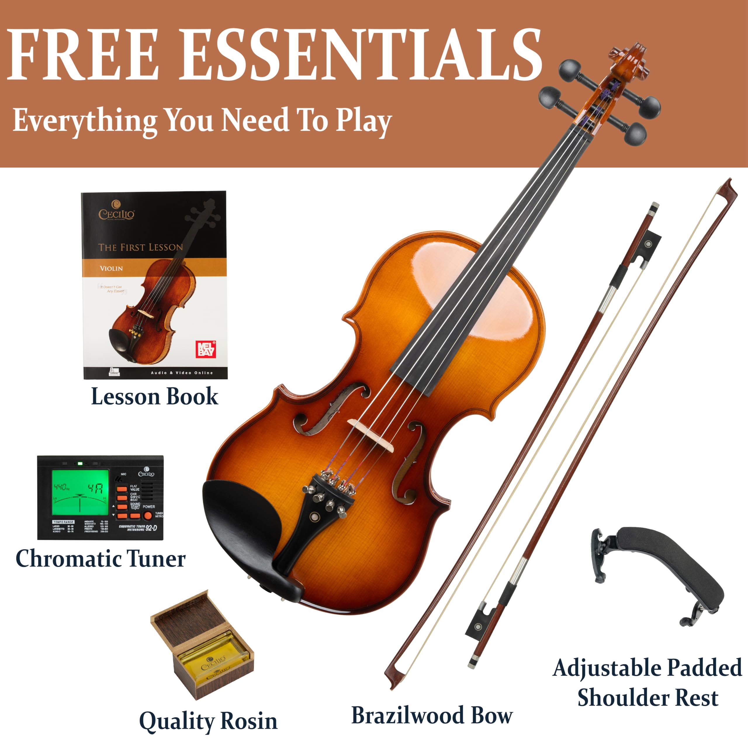 Cecilio 3/4 Violin Solidwood Violin with D'Addario Prelude Strings, Bow, Rosin, Tuner, Shoulder Rest & Lesson Book – Ideal for Beginners