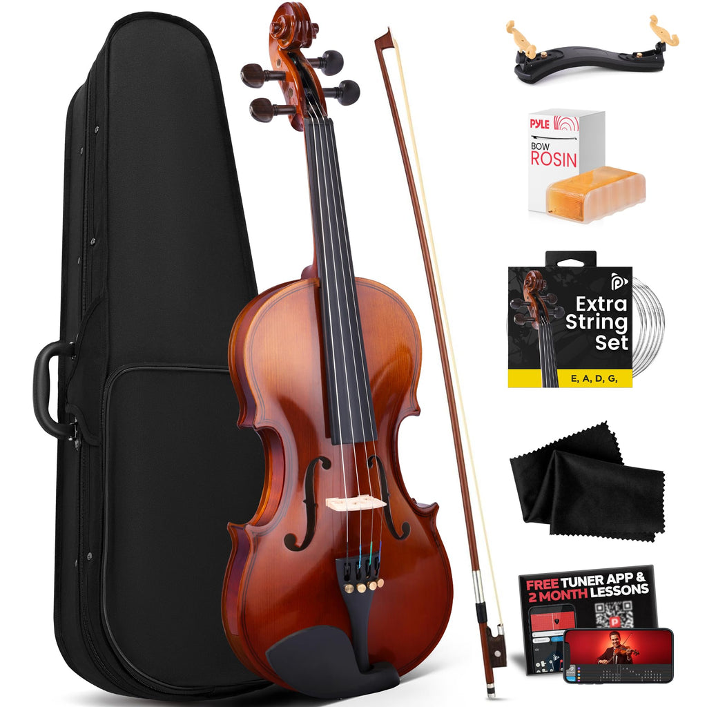 Pyle 4/4 Full Size Acoustic Violin for Beginners – Complete Violins Set with Hard Case, Bow, Extra Strings, Rosin, Full Accessories Kit - Mobile App Tuner 2 Month Free Lessons for Kids & Adults