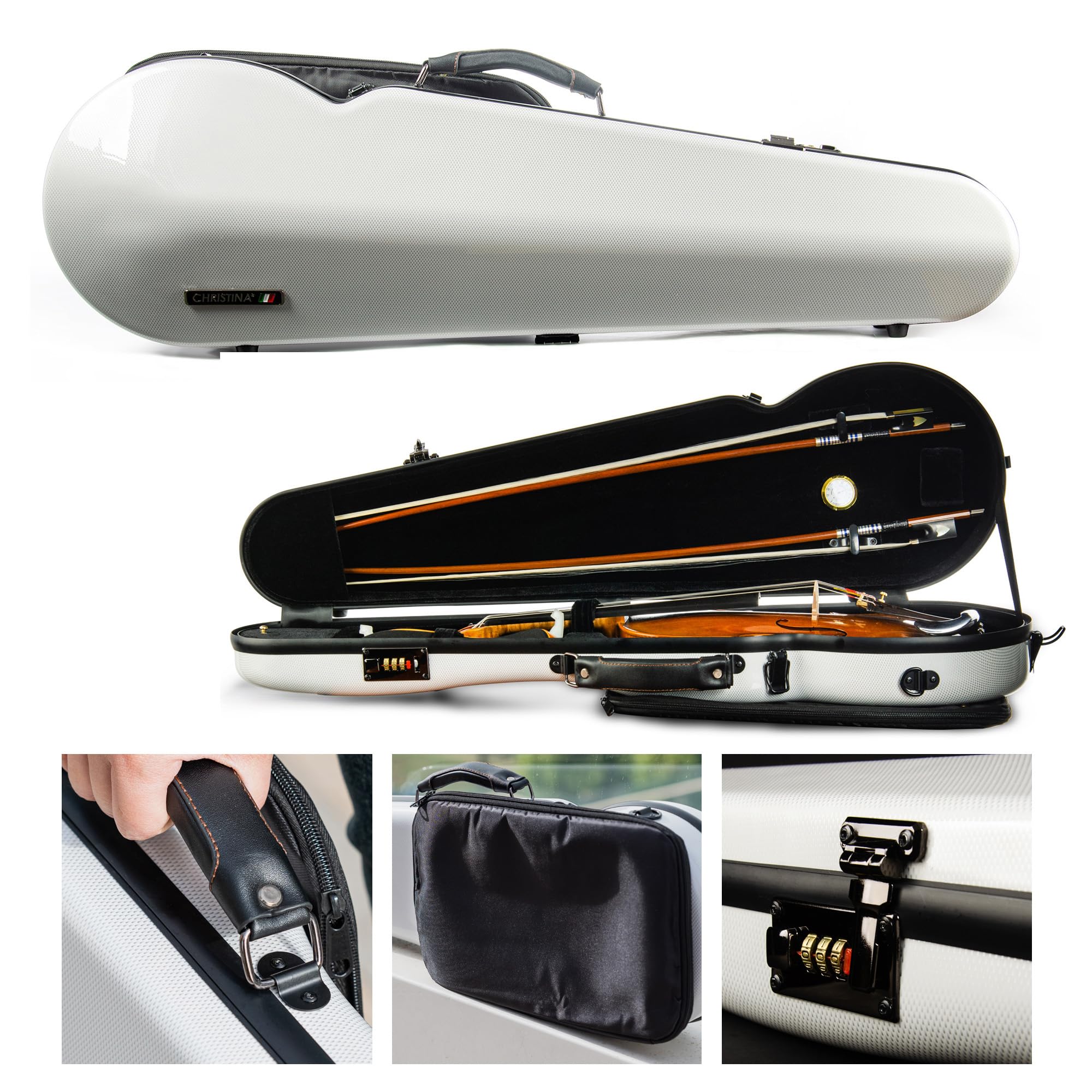 Christina violin case 4/4 Full Size Violin case High-Strength Carbon Fiber Triangle Violin Music Bag With Combination Lock and Extra Bag White Violin Hard Case (VB-Trianglee-WhiteDot spot)
