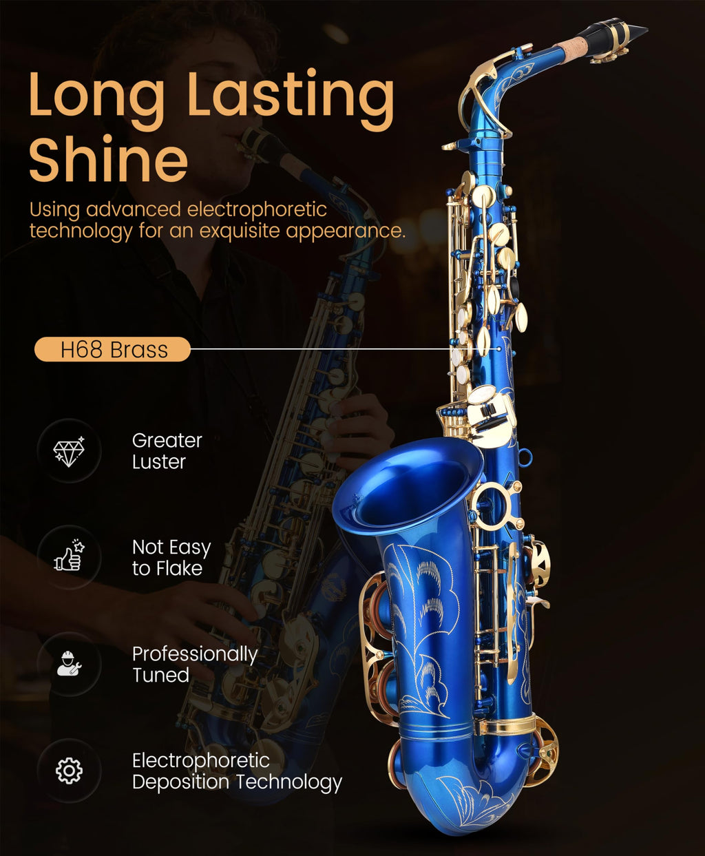 Leo Jaymz Eb Alto Saxophone - One-Piece Body & Neck Construction, H68 Brass, with Thickened Travel Bag - Complete Beginner to Professional Kit (Gold)