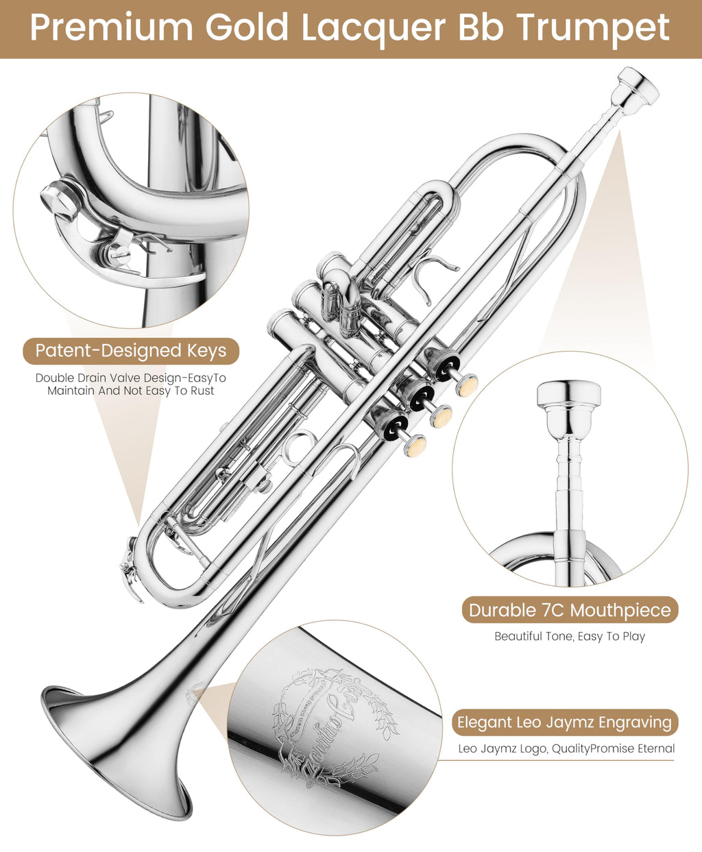 Leo Jaymz Bb Trumpet for Beginners, Brass Student Trumpet Kit with Case, 7C Mouthpiece, Cleaning Kit, Standard B Flat Instrument,Nickel