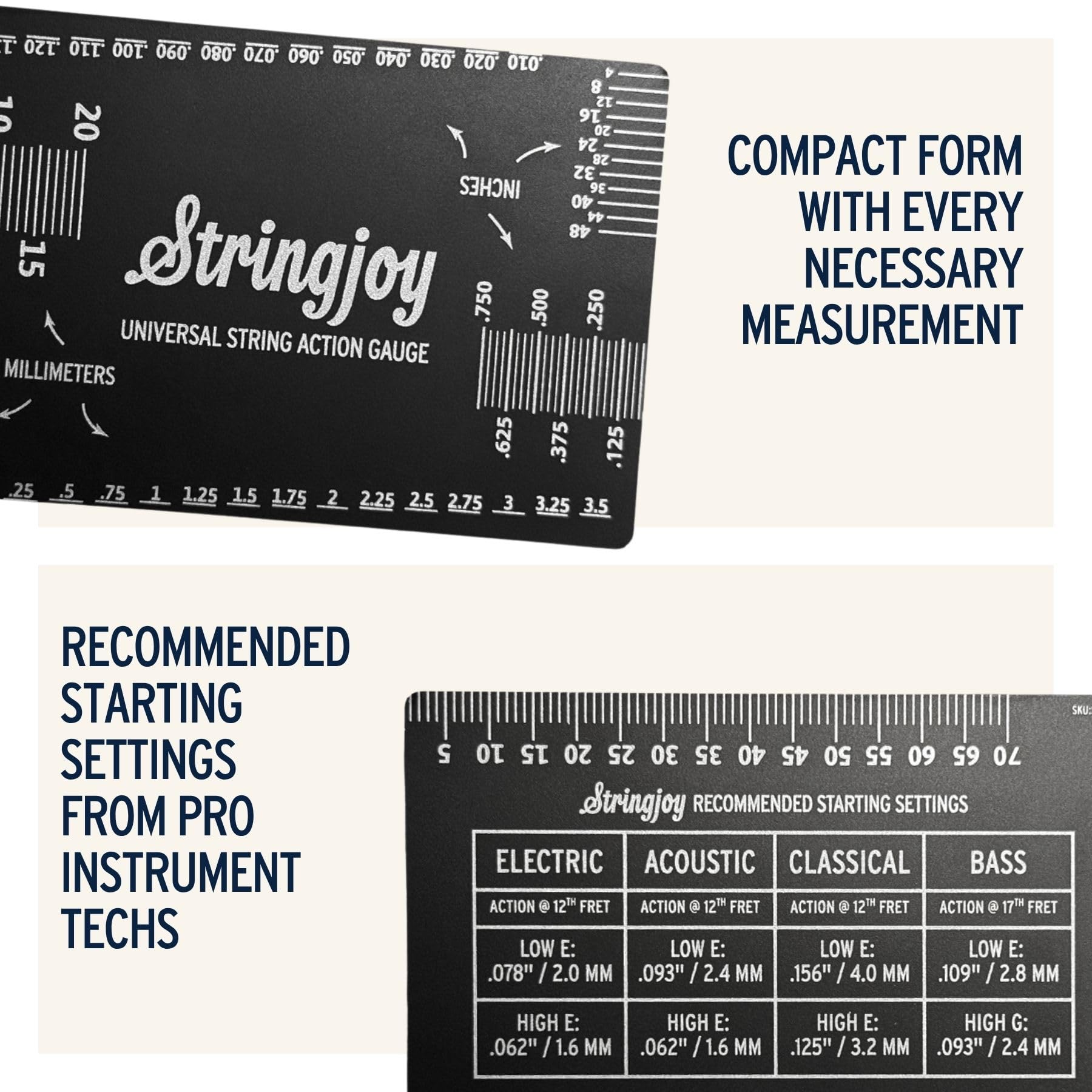 Stringjoy Universal String Action Gauge - Premium Guitar Action Gauge for Acoustic, Electric Guitars & Bass - Durable & Portable, Dual Metric