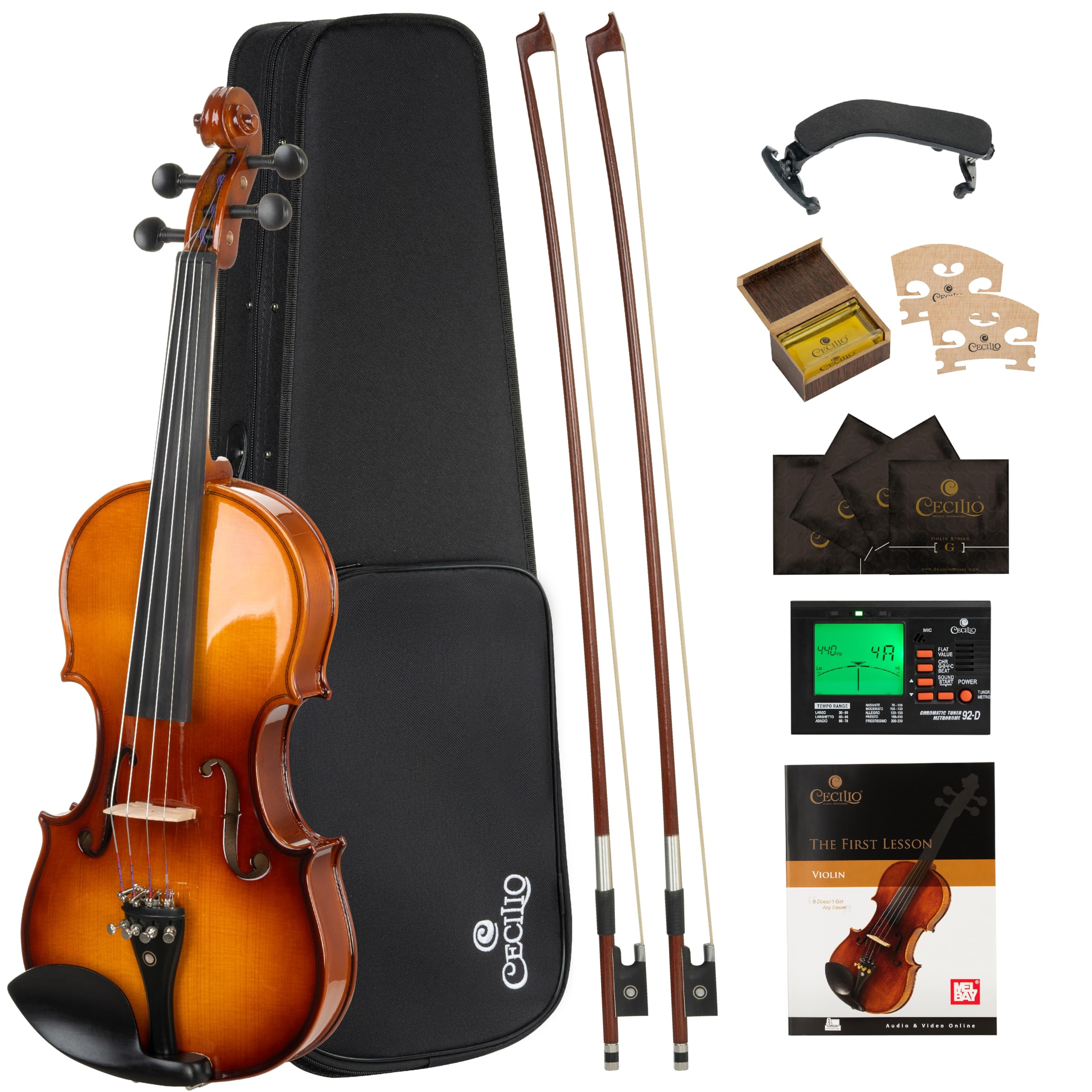 Cecilio 3/4 Violin Solidwood Violin with D'Addario Prelude Strings, Bow, Rosin, Tuner, Shoulder Rest & Lesson Book – Ideal for Beginners