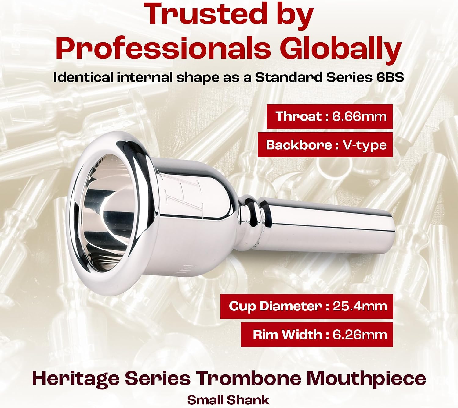 Denis Wick Heritage Trombone Mouthpiece Silver-Plated, 2180-6BS -V-Type Backbore for Balanced Airflow & Tone - Small Shank Fitting Trombone Accessories for Effortless Articulation 25.4 x 6.26 x 6.66mm