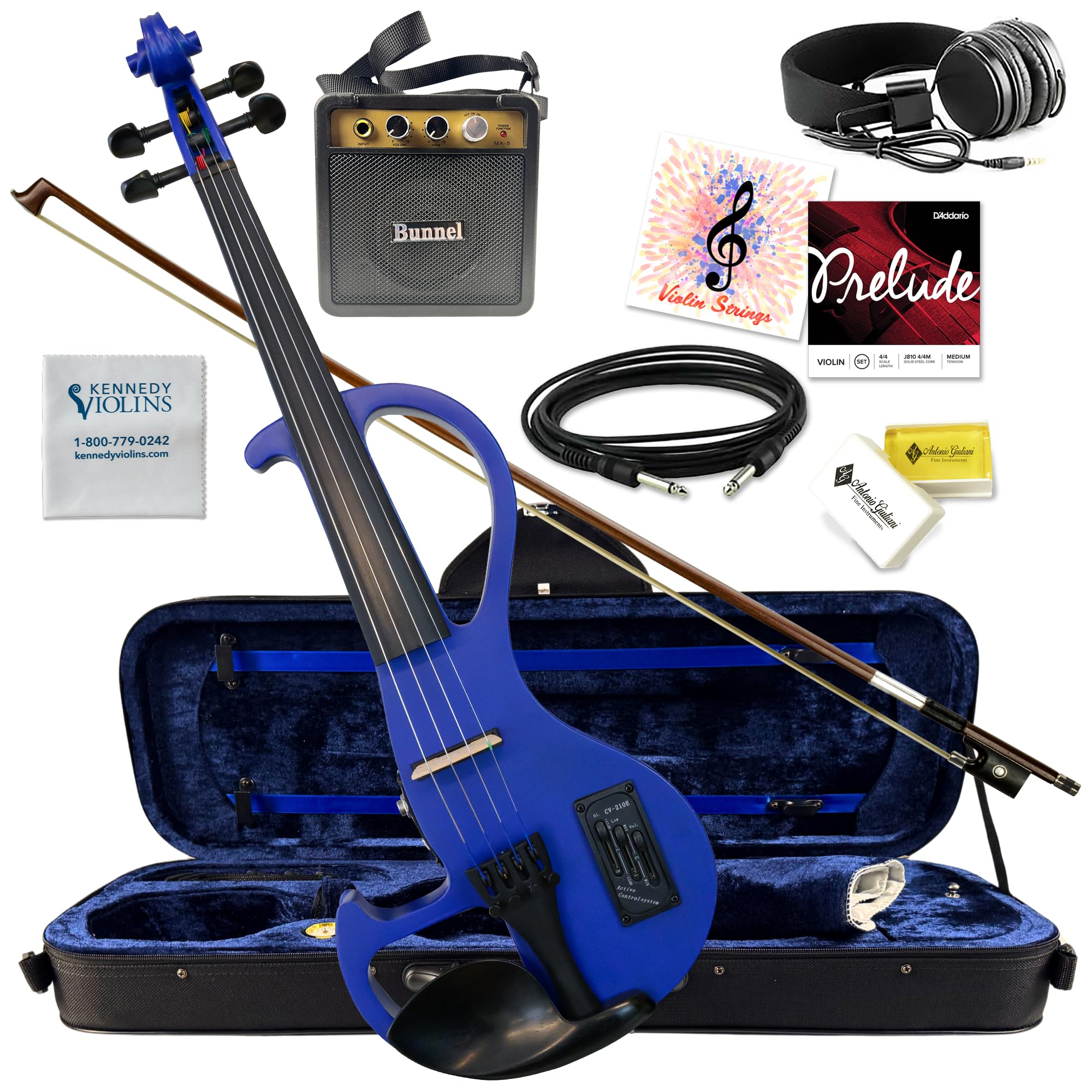 Electric Violin Bunnel Edge Outfit 4/4 Full Size (Light Zebrano) — With Carrying Case and Accessories - Mini Amp - Headphone Jack - Piezo Ceramic Pick-up - from Kennedy Violins