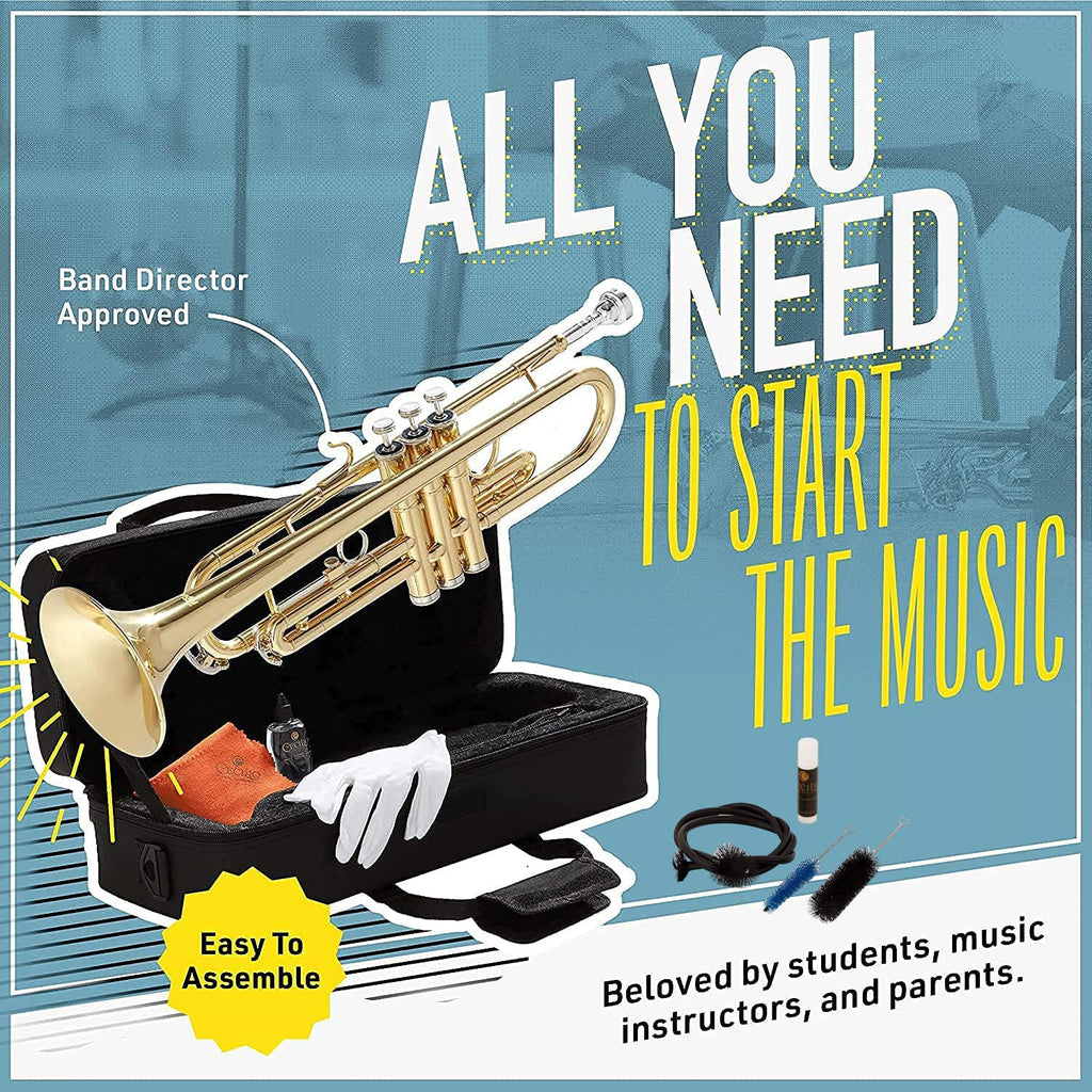Mendini By Cecilio Bb Standard Trumpet Set for Beginners - Brass Trumpet Instrument with Hard Case, 7C Mouthpiece, Valve Oil, Cleaning Cloth, Maintenance kit and Gloves (Gold)