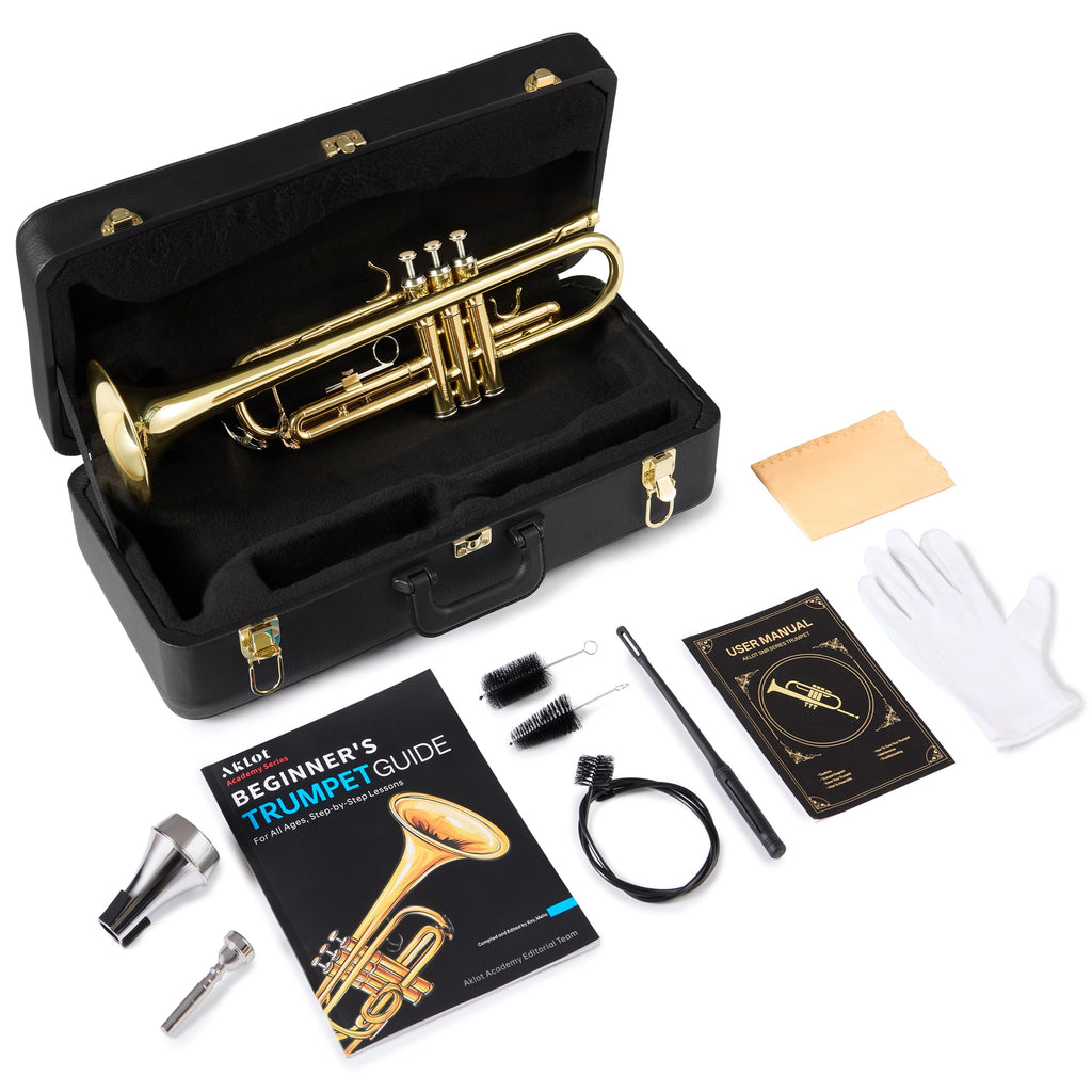 AKLOT Hand-Hammered Bell Bb Trumpet: Smooth Valve Action, Clear-Lacquered Brass Body, Standard Trumpet Beginner Set with Leather Case, Lesson Book, Trumpet Mute, Mouthpiece, Cleaning Kit (SNR-BrzSF)