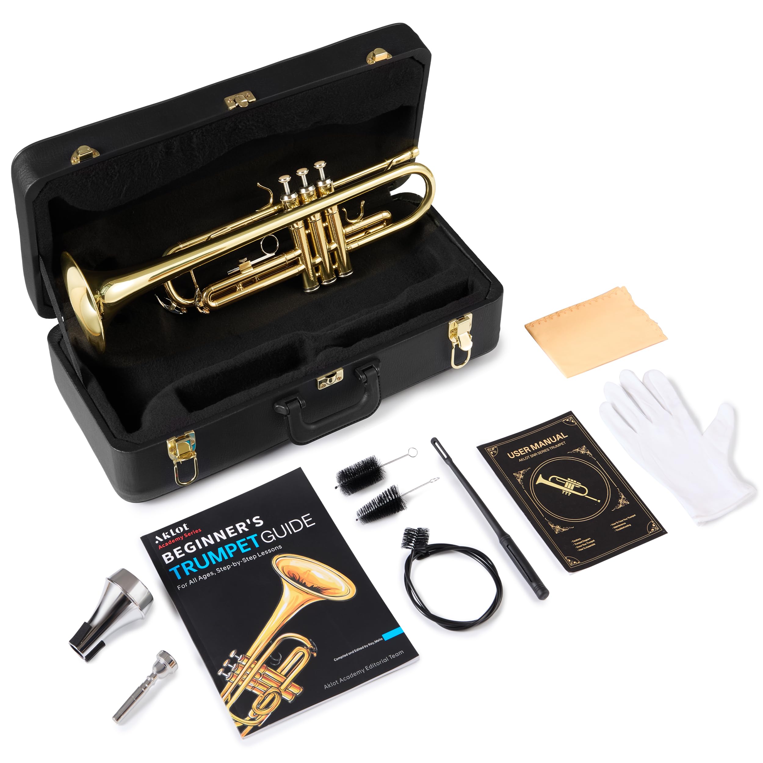 AKLOT Hand-Hammered Bell Bb Trumpet: Smooth Valve Action, Clear-Lacquered Brass Body, Standard Trumpet Beginner Set with Leather Case, Lesson Book, Trumpet Mute, Mouthpiece, Cleaning Kit (SNR-BrzSF)