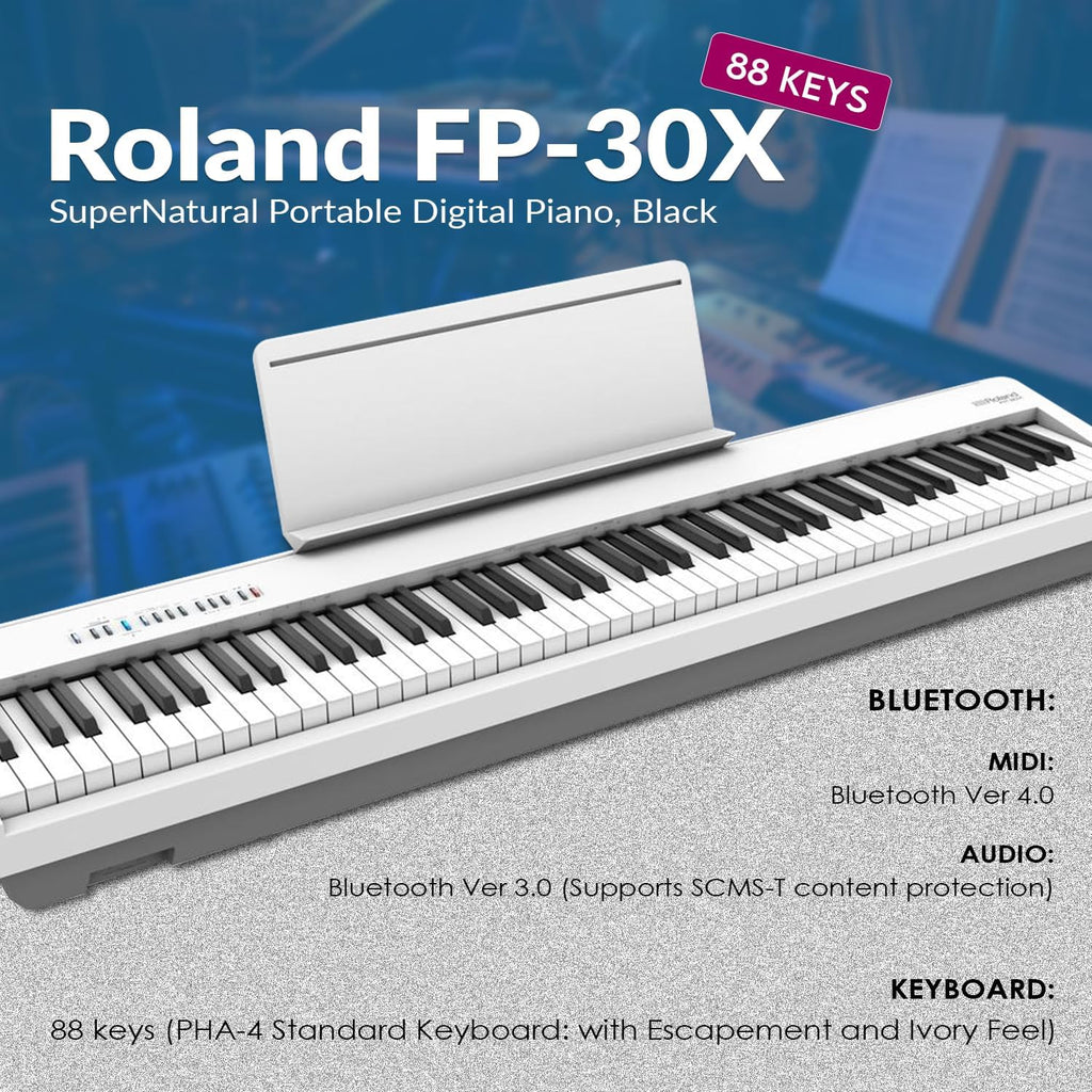 Roland FP-30X 88 Keys SuperNATURAL Portable Digital Piano, White Bundle with H&A Studio Monitor Headphones, Keyboard Stand, Bench and Sustain Pedal