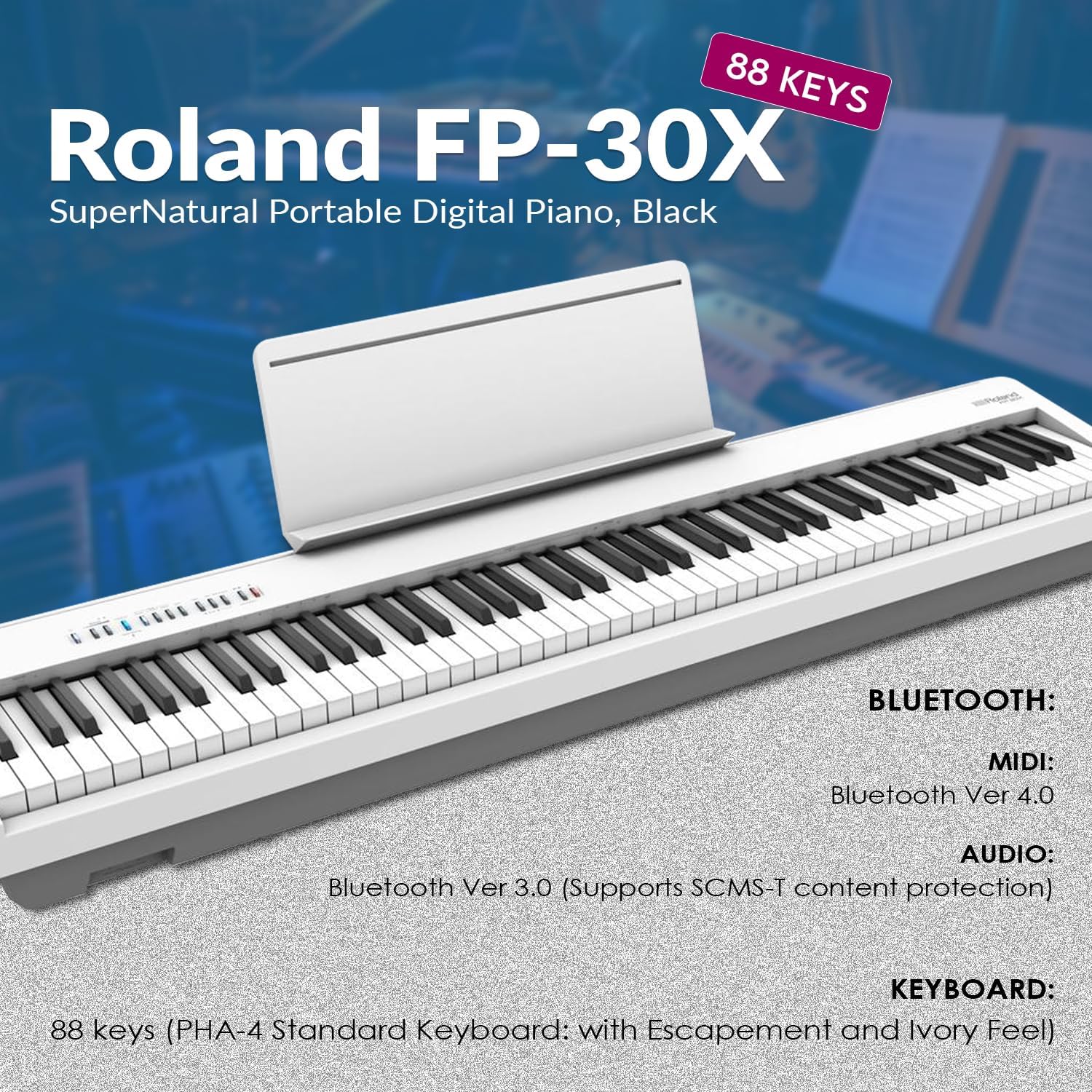 Roland FP-30X 88 Keys SuperNATURAL Portable Digital Piano, White Bundle with H&A Studio Monitor Headphones, Keyboard Stand, Bench and Sustain Pedal