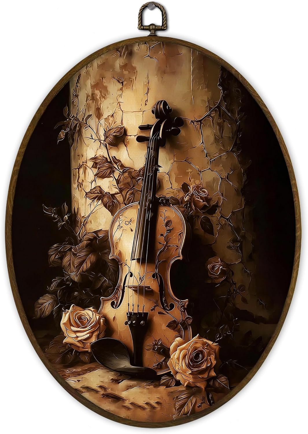 Gnmduw Vintage Cello Floral Oval Wall Art Framed, Dark Academia Cello Canvas Prints Hanging Decor, Antique Moody Cellos Flower Wall Decor for Music Room Bathroom, Gift for Musician, 8.7x11.3 Inch