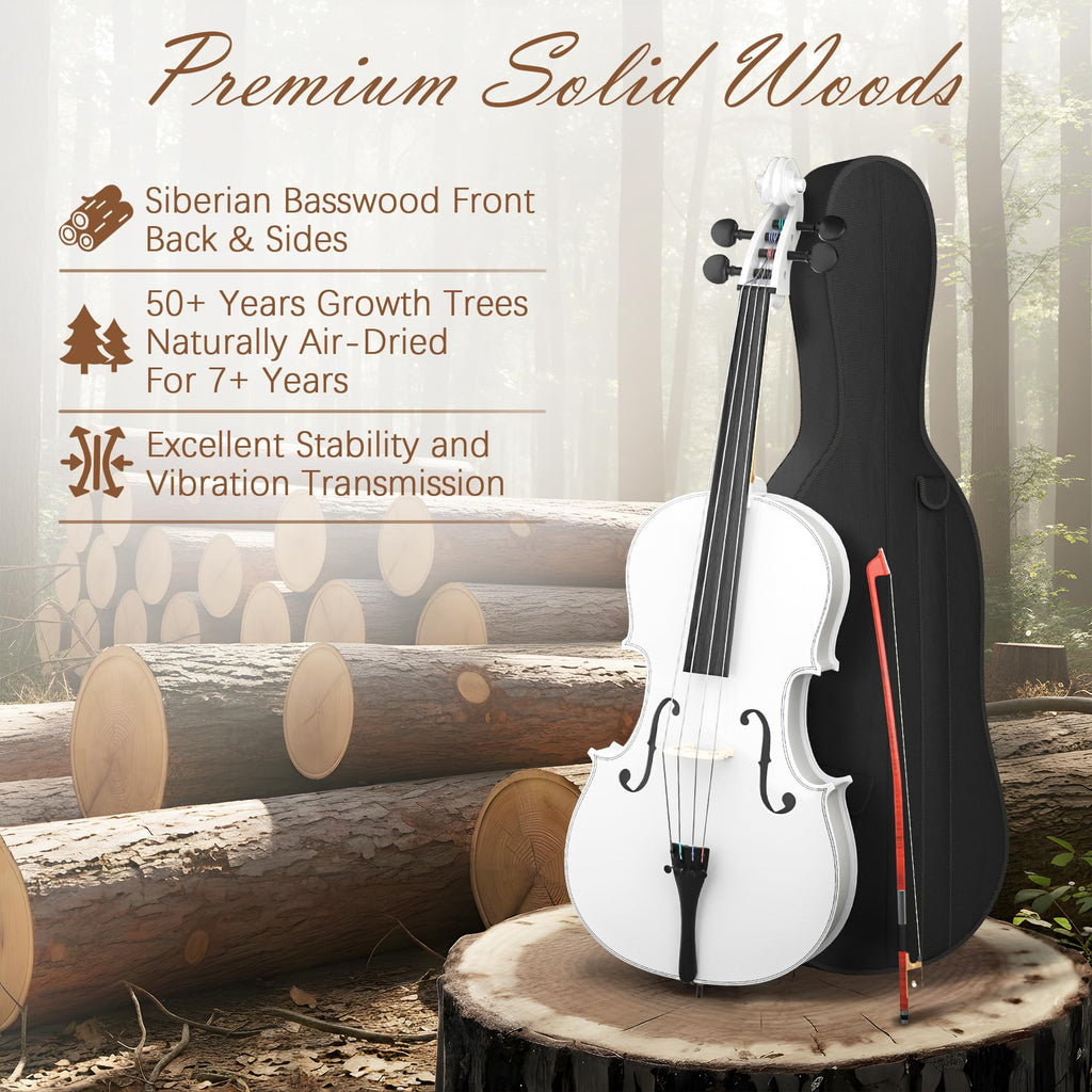 Cello 4/4 Kit, Full Size Cello for Adults, Students, Beginners, Complete Acoustic Cello Instrument Set with Portable Bag, Bow, Rosin, Black