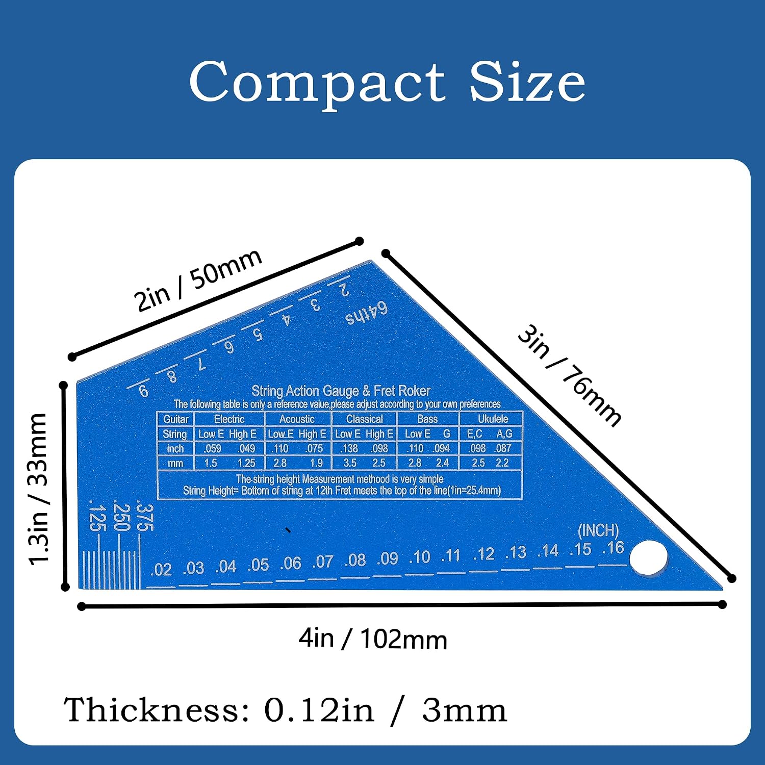 3mm Thickness Aluminum Guitar Fret Rocker, Precision Guitar String Action Gauge Ruler for String Height, 4-in-1 Mini Straightedge Luthier Tool, Locate High Frets Fast, Fret Leveling Guide