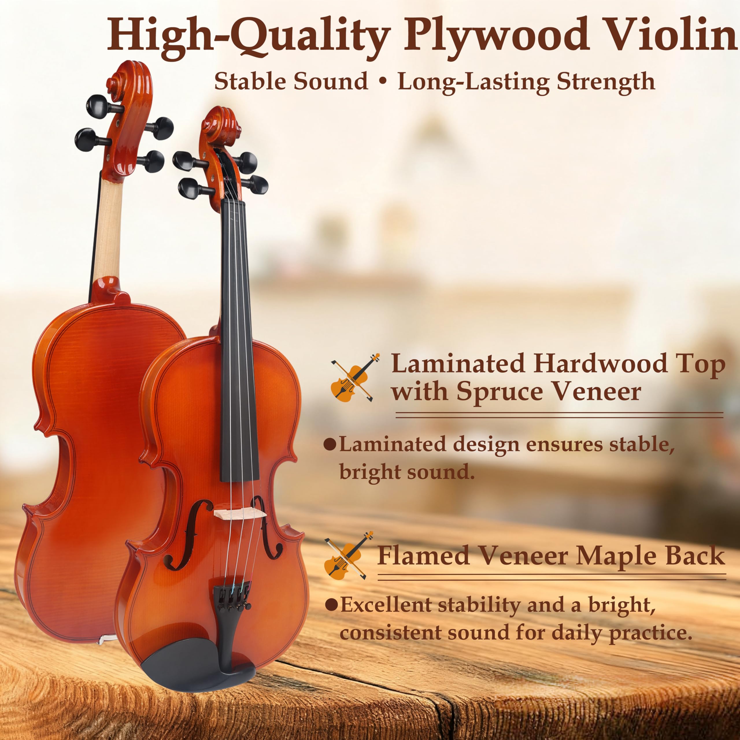 Violin 4/4 Full Size Kit for Beginners, Glossy Violin Fiddle Set for Adults, Students with Violin Case, Bow, Rosin, Fingerboard Sticker, Shoulder Rest, Extra Strings and Bridge(Plywood, Full)