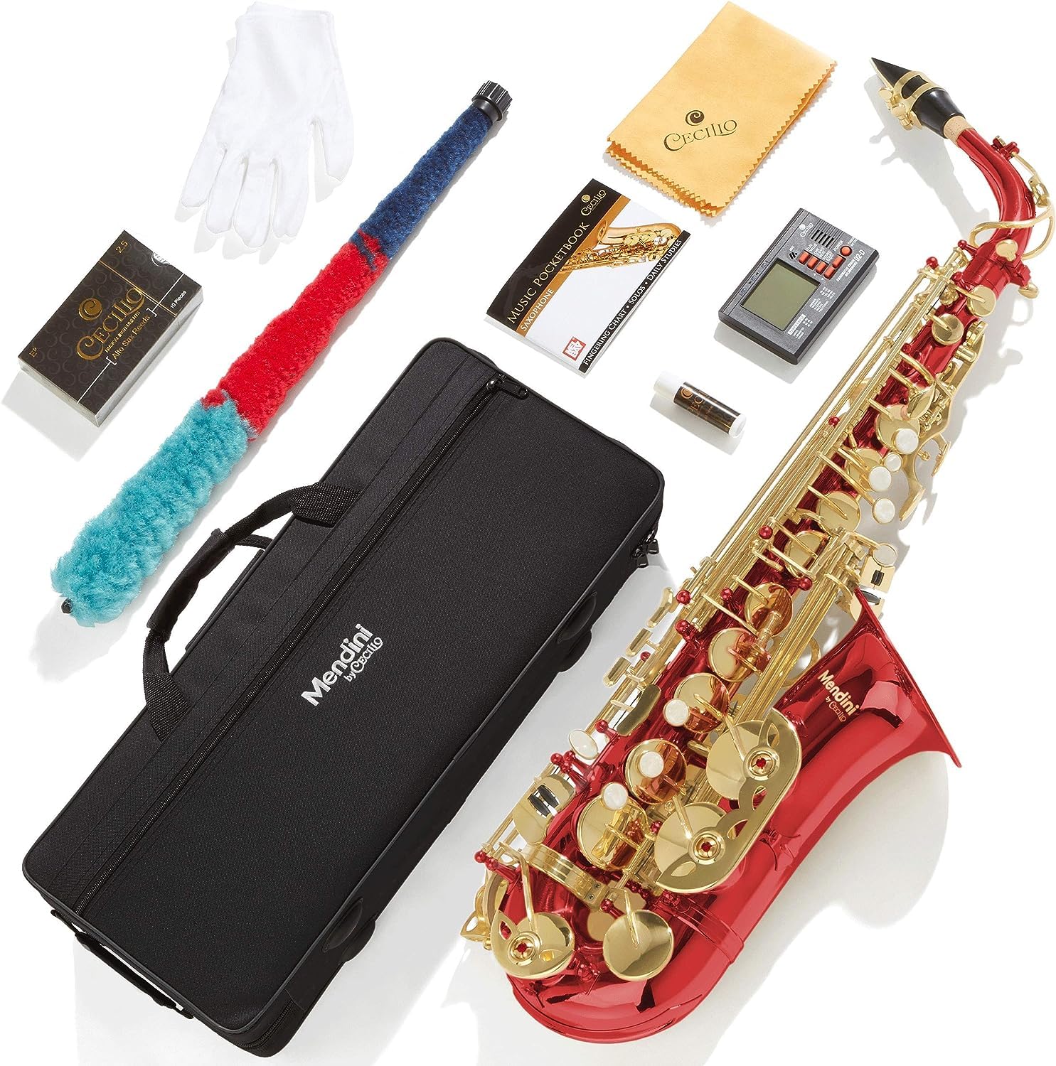 Mendini By Cecilio Alto Saxophone for Beginners, E Flat Alto Saxophone for Musicians with Tuner, Mouthpiece, Case, 10 Reeds, Grease, Cleaning Cloth & Rod, Gloves, Strap, Lesson Book (Green)