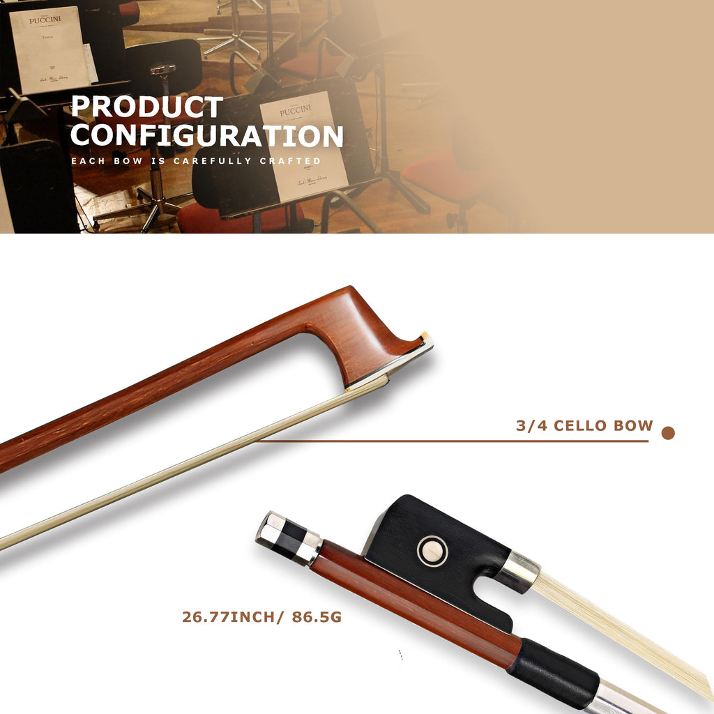 BlissKiss Brazilwood Cello Bow - Handmade with Natural Horsehair, Ebony Frog, and Nickel Silver Winding – Perfect Balance and Superior Sound Quality (4/4 CELLO BOW)