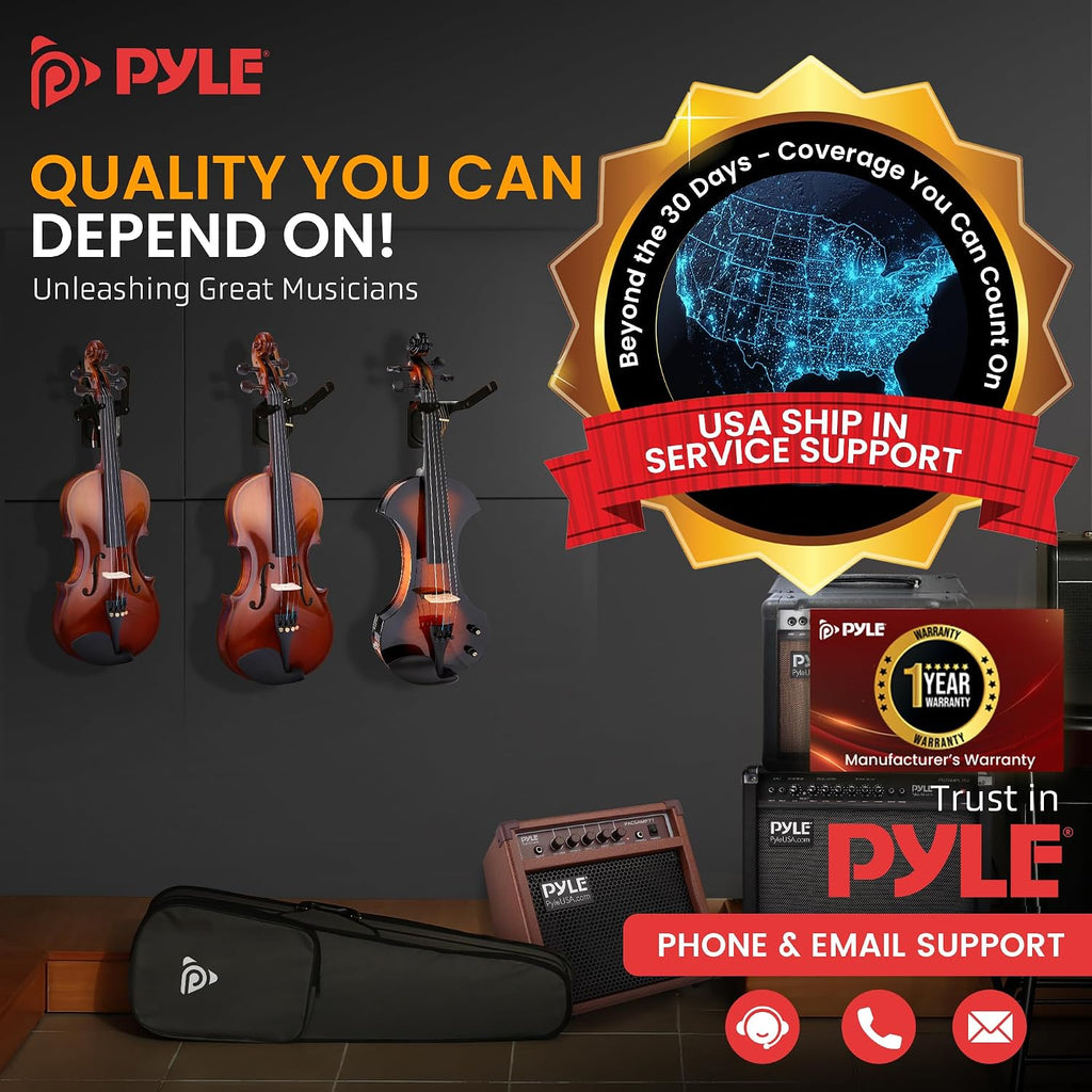 Pyle Full Size Electric Violin Kit - 4/4 Solid Wood Silent Fiddle with Hard Case, Bow, Ebony Fittings, and Digital Tuner