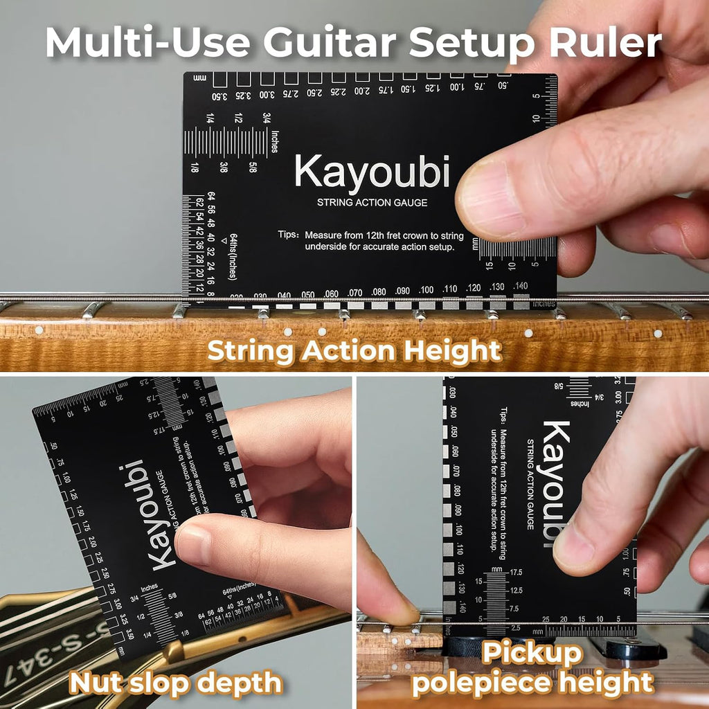 Guitar Accessories, String Action Gauge, High Contrast Black Luthier Set up Tools with Dual Metric & Imperial Scales, Smooth Edges & Protective PU Case for Acoustic, Electric Guitars & Bass