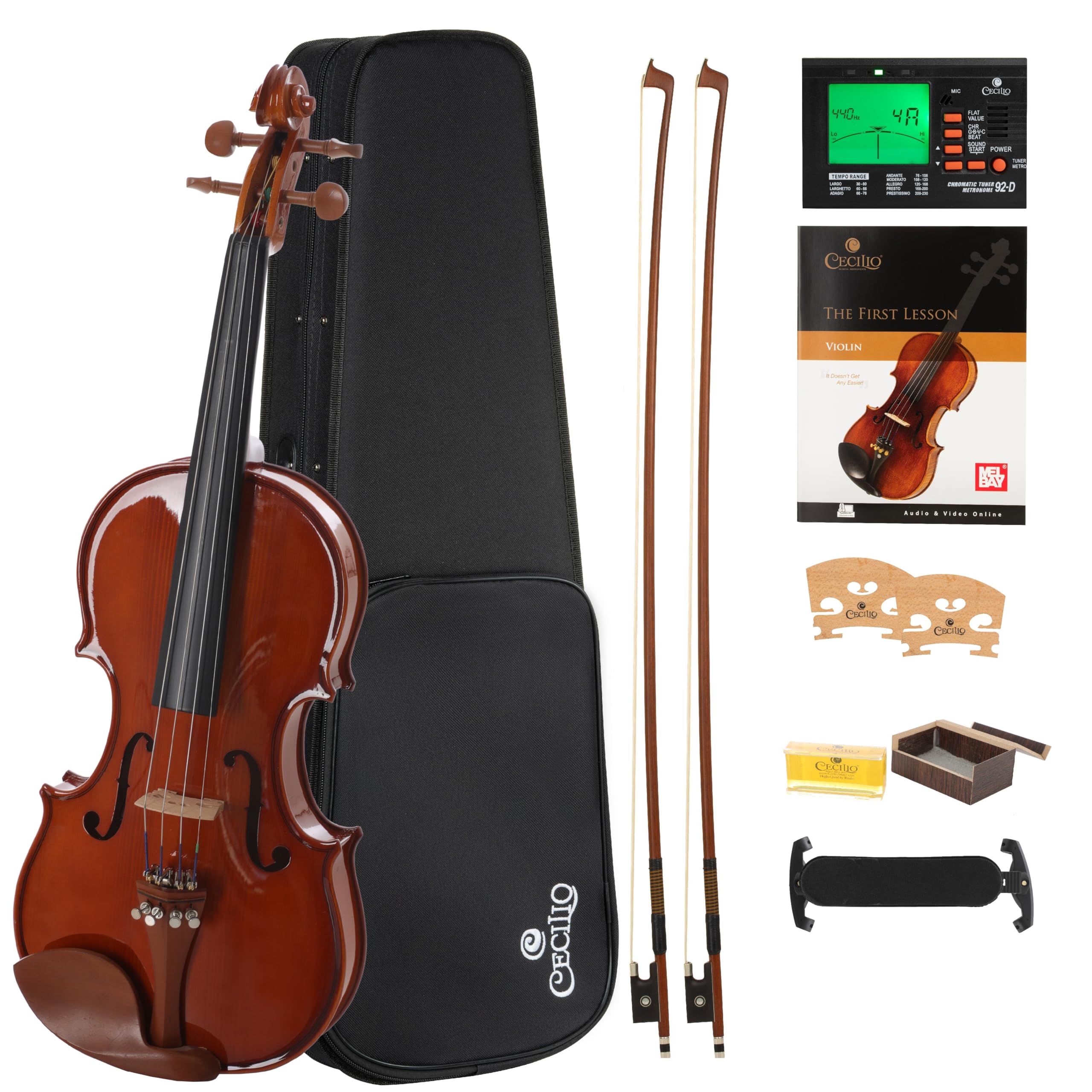 Cecilio 1/2 Size Natural Varnish Violin for Beginners, Hand-Carved Solid Spruce Top, Maple Back & Sides, Full Fiddle Kit with Hard Case, Bows, Rosin, Shoulder Rest, Lesson Book