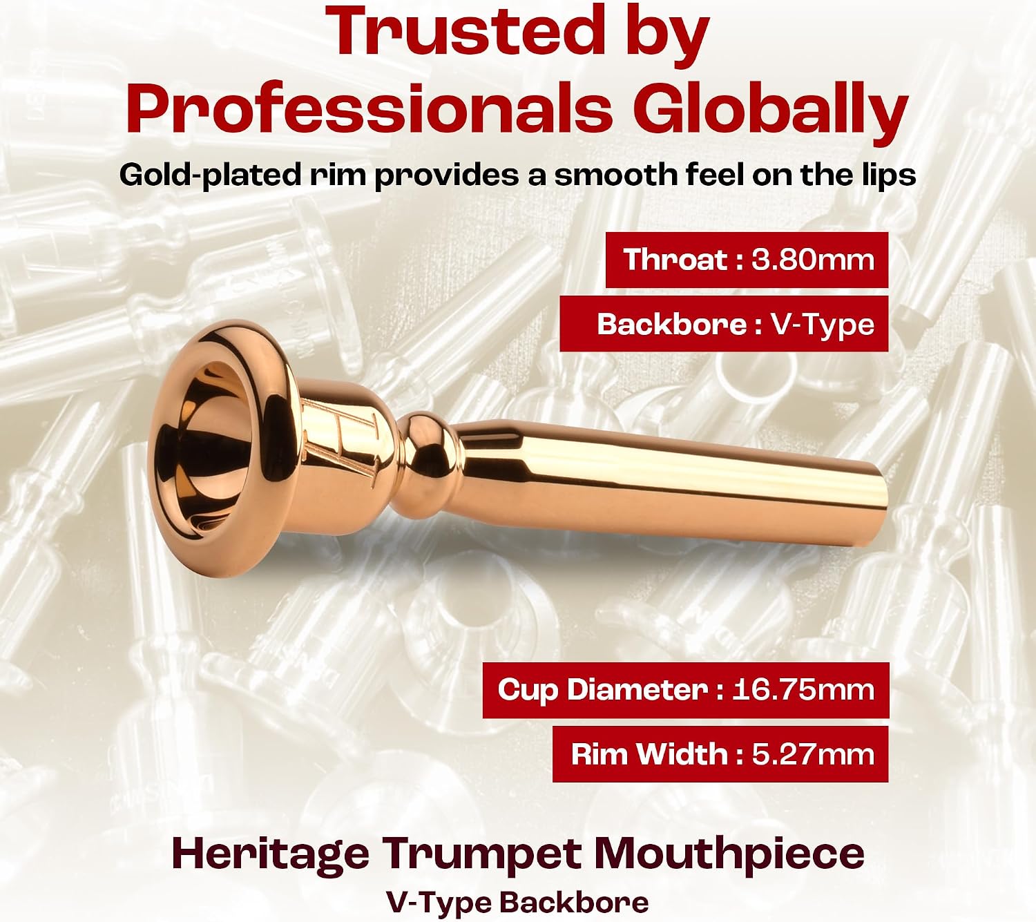 Denis Wick Heritage Trumpet Mouthpiece Gold Plated, 3182G-3C - V-Type Backbore for Balanced Airflow and Tone - Trumpet Accessories for Effortless Articulation 16.75 x 5.27 x 3.80mm