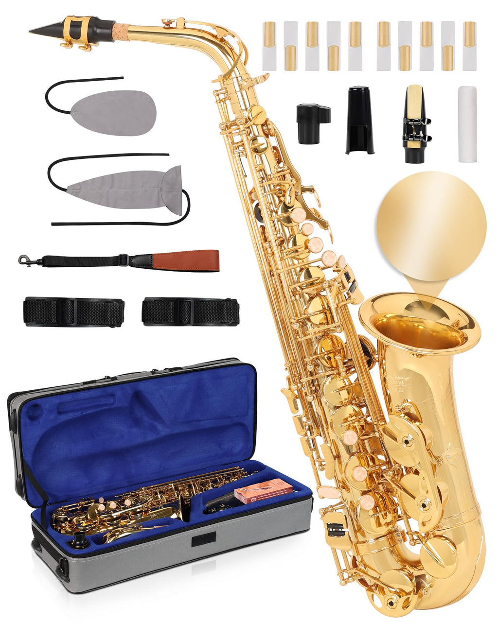 AKLOT Handcrafted E-Flat Alto Saxophone: Matte Silver Brass Body with Warm, Rich Tone, Secure Air Seal, Smooth 23-Key System, Includes Reeds, Premium Leather Case and Saxophone Cleaning Kit (CH-FM)