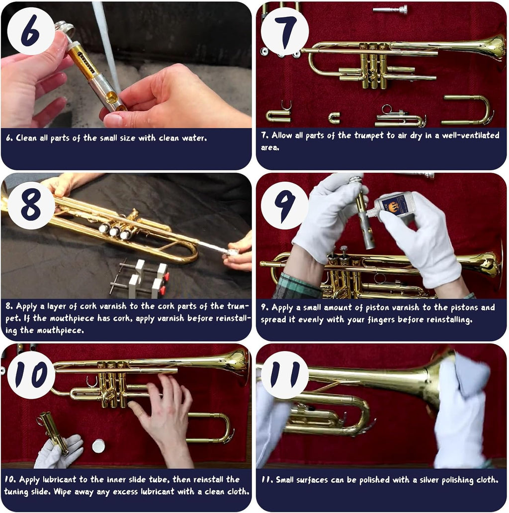Trumpet Cleaning Kit, Clean and Care Horn, Trumpet Valve Oil Kit with Valve Oil, Slide Grease, Cork Grease, Cleaning Cloth, Mouthpiece/Valve/Bore Brushes, Polishing Cloth