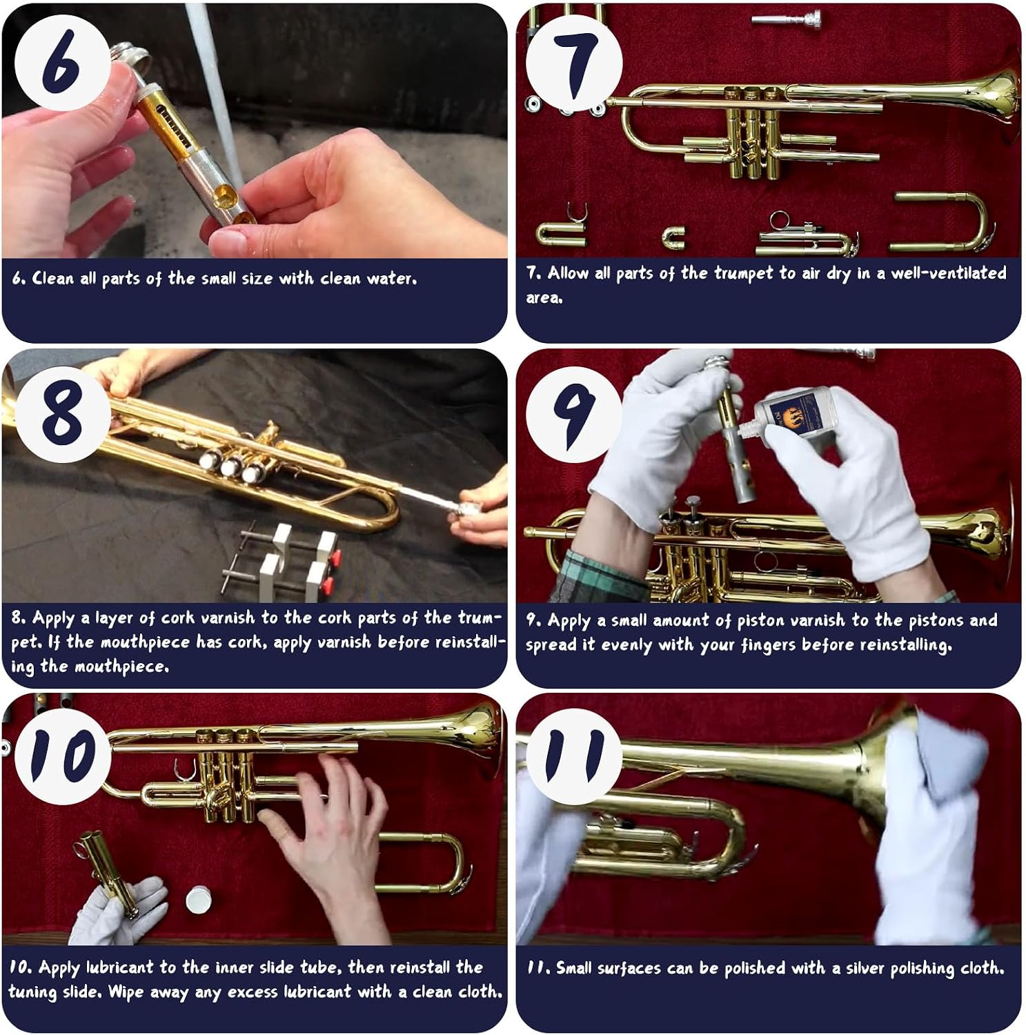 Trumpet Cleaning Kit, Clean and Care Horn, Trumpet Valve Oil Kit with Valve Oil, Slide Grease, Cork Grease, Cleaning Cloth, Mouthpiece/Valve/Bore Brushes, Polishing Cloth