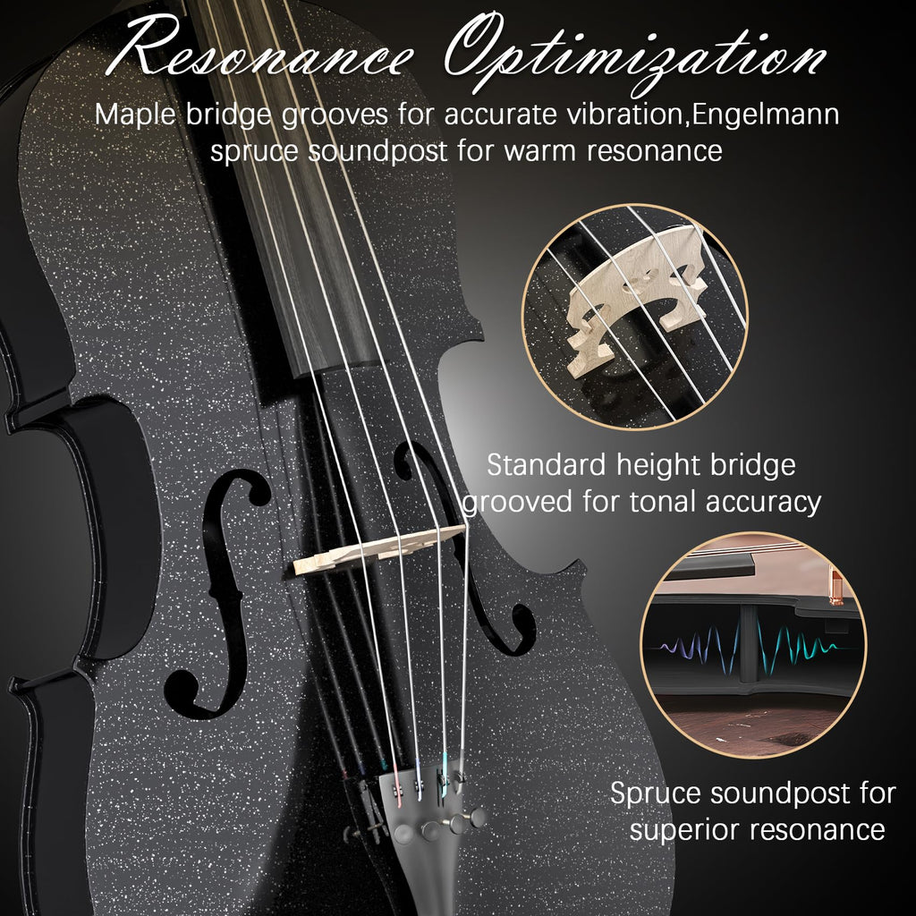 Full Size Cello Kit, Acoustic Cello Instrument for Adults,Beginners,Students,Complete Cello 4/4 Set with Portable Bag, Bow, Rosin (Black)