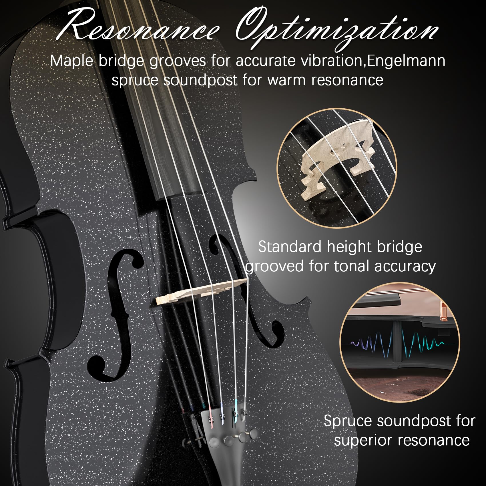 Full Size Cello Kit, Acoustic Cello Instrument for Adults,Beginners,Students,Complete Cello 4/4 Set with Portable Bag, Bow, Rosin (Black)