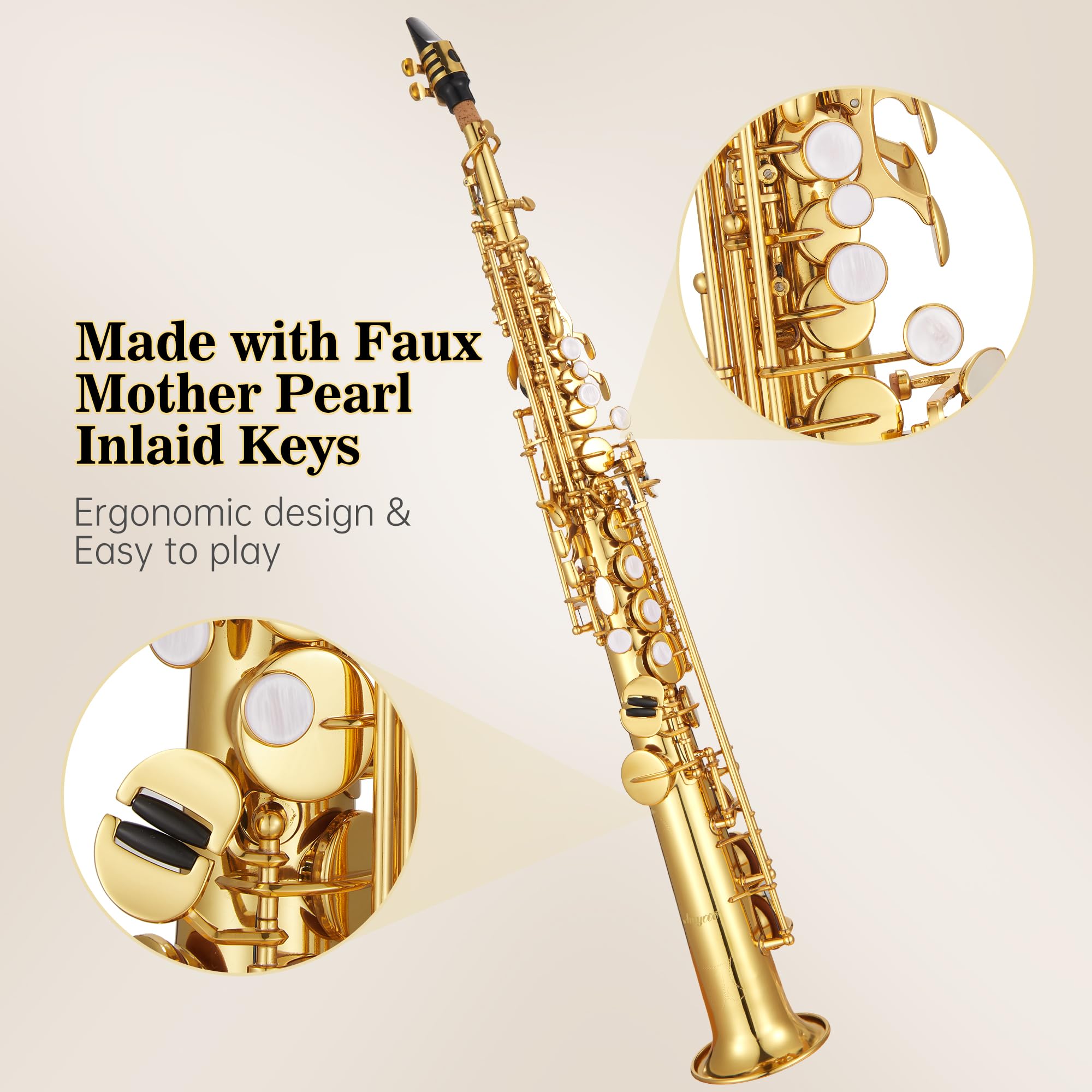 Senfot AS-100 Eb Alto Saxophone Gold Lacquer Alto Sax Full Kit With Cleaning Cloth, Gloves, Brush, Headjoint, Reed, Strap, Stand, Tube Case, Saxophone for Beginners and Professional, Gold
