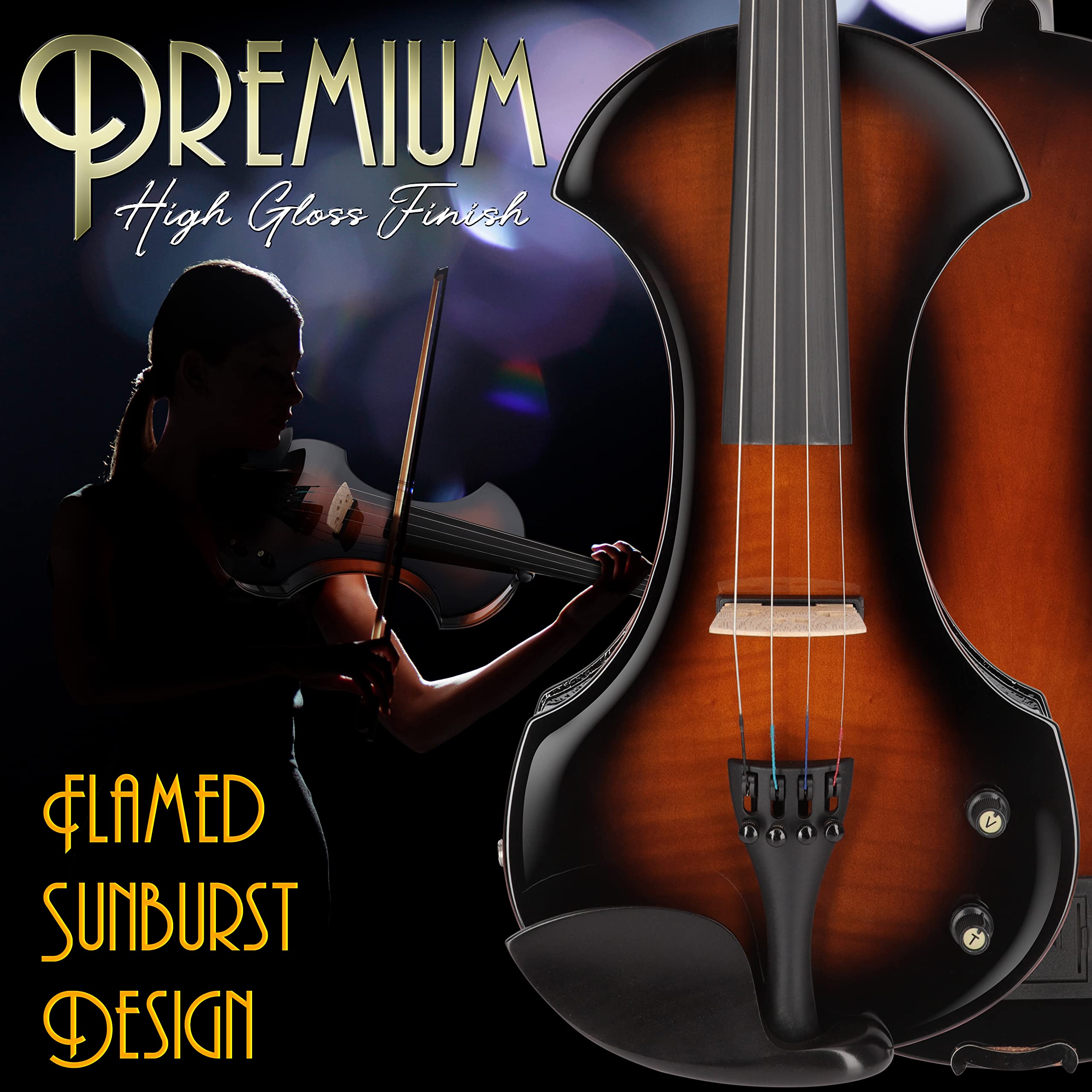 Pyle Full Size Electric Violin, 4/4 Solid Wood Silent Fiddle, with Amplifier Kit, Hard Case, Bow, Ebony Fittings, Digital Tuner, Extra Strings, Rosin